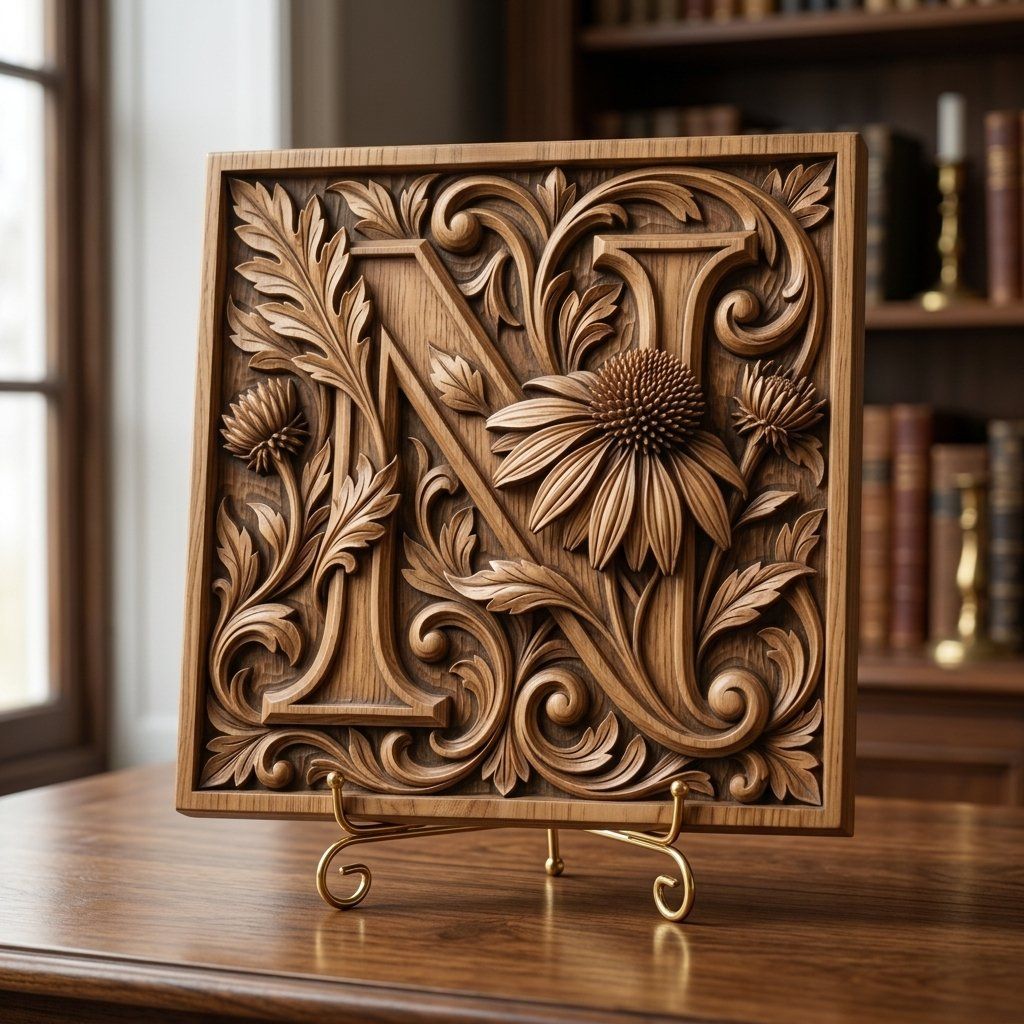 Ornate Floral Monogram Letter N CNC Relief STL bas-relief STL — view 13