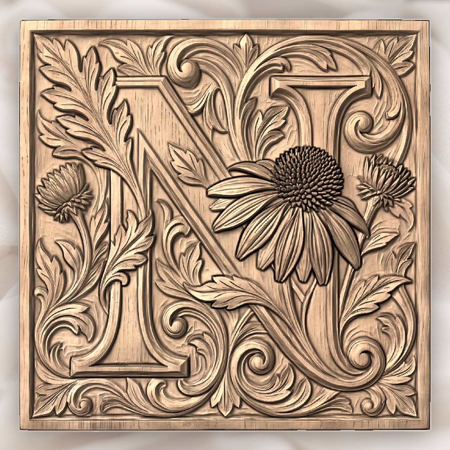 Ornate Floral Monogram Letter N CNC Relief STL bas-relief STL — view 2