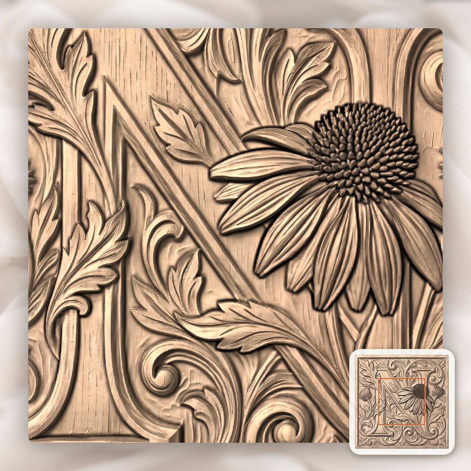 Ornate Floral Monogram Letter N CNC Relief STL bas-relief STL — view 4