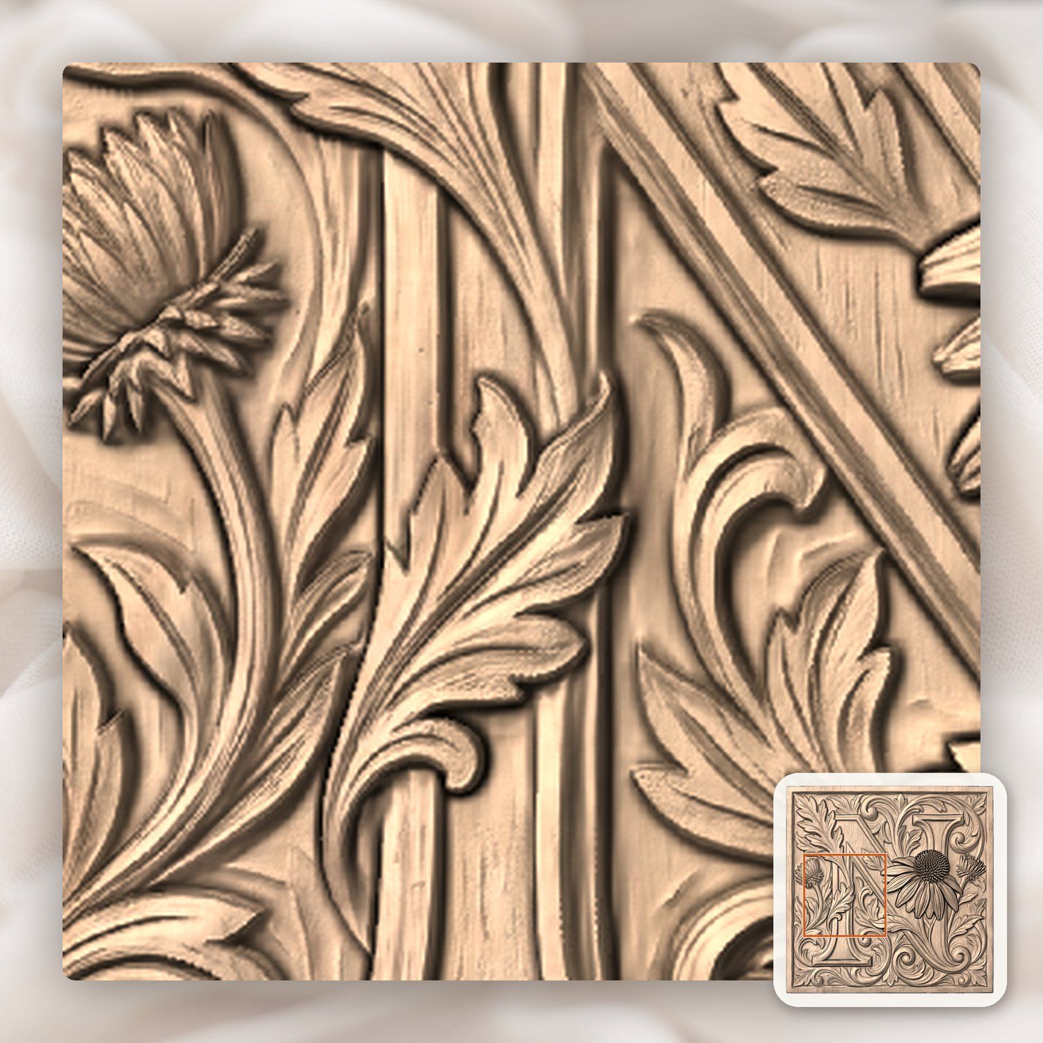 Ornate Floral Monogram Letter N CNC Relief STL bas-relief STL — view 6