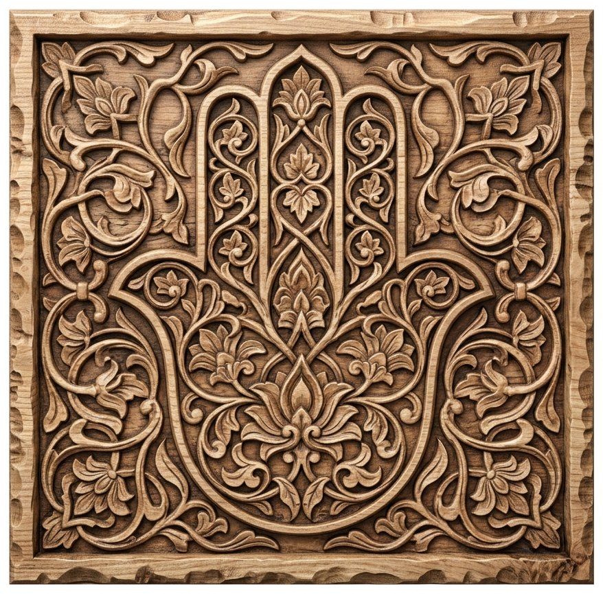 Ornate Hamsa Hand Protection Symbol CNC Relief STL | Intricate Floral Arabesque Wood Carving | Sacred Geometry Wall Art Decor Panel — carved bas relief STL file for CNC
