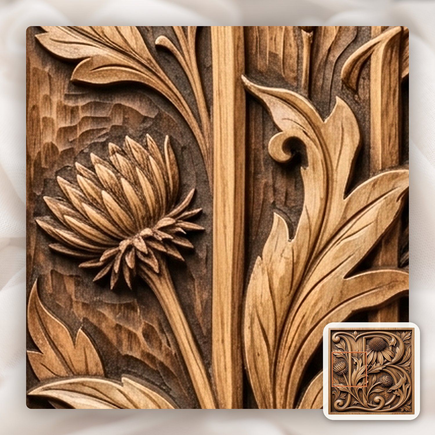 Ornate Letter B Botanical Thistle Monogram CNC Relief STL bas-relief STL — view 10