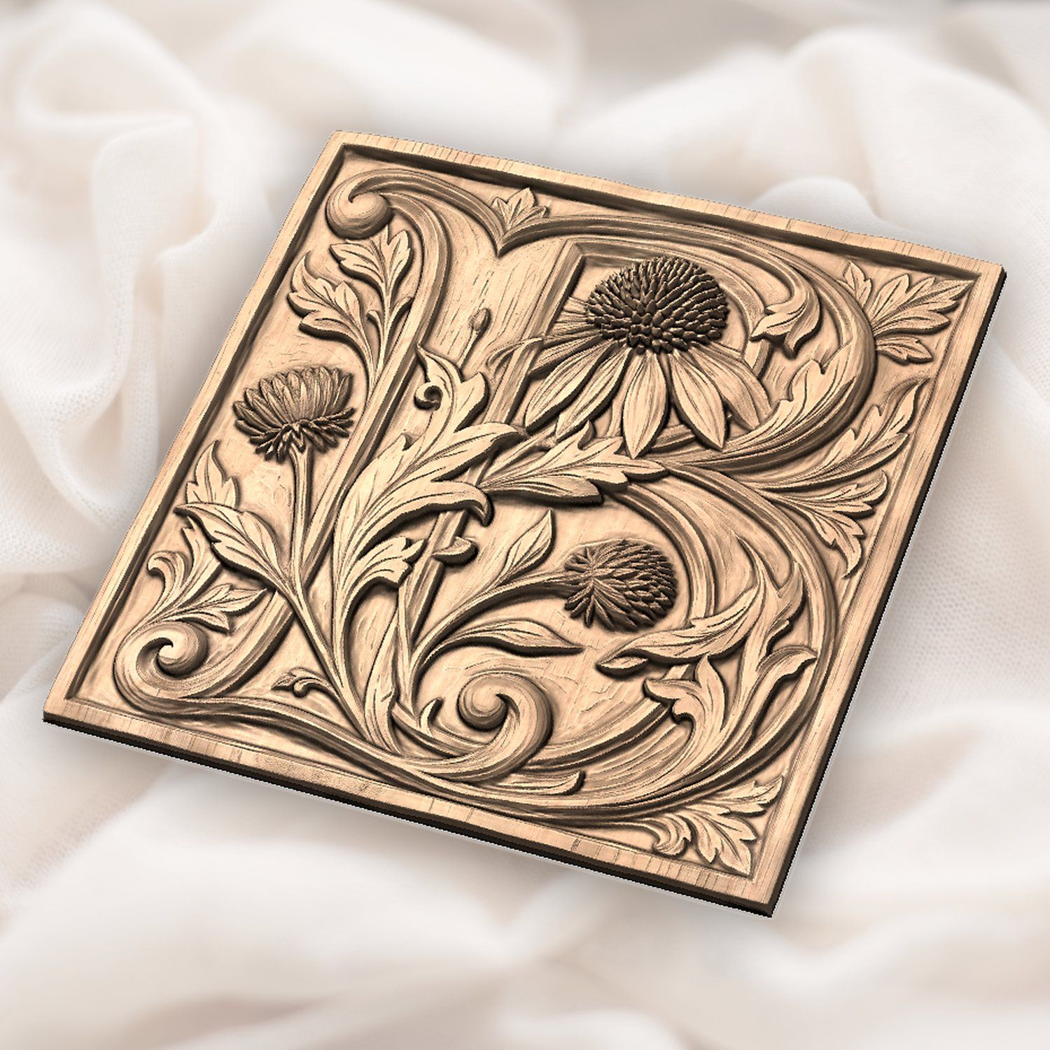 Ornate Letter B Botanical Thistle Monogram CNC Relief STL bas-relief STL — view 3