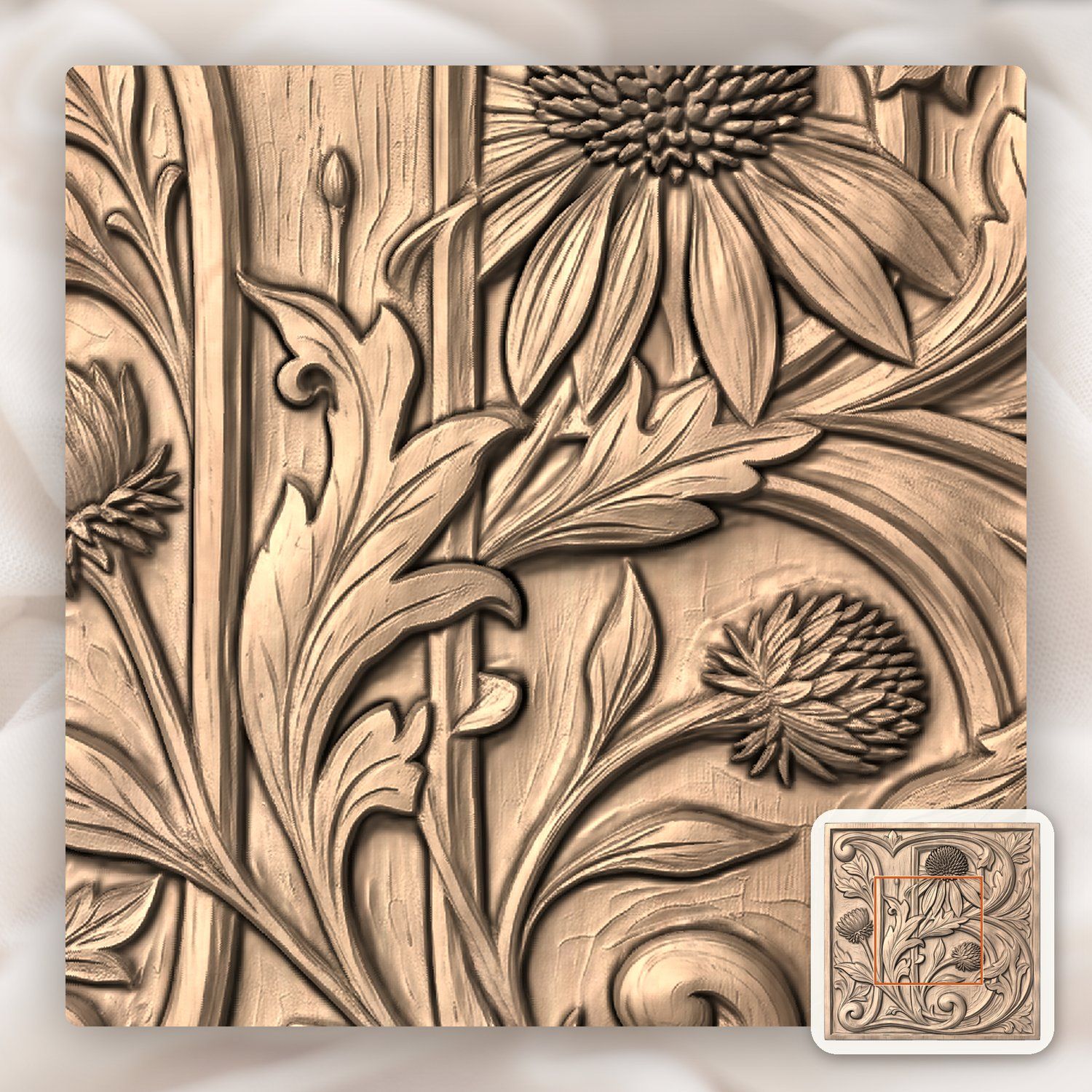 Ornate Letter B Botanical Thistle Monogram CNC Relief STL bas-relief STL — view 4