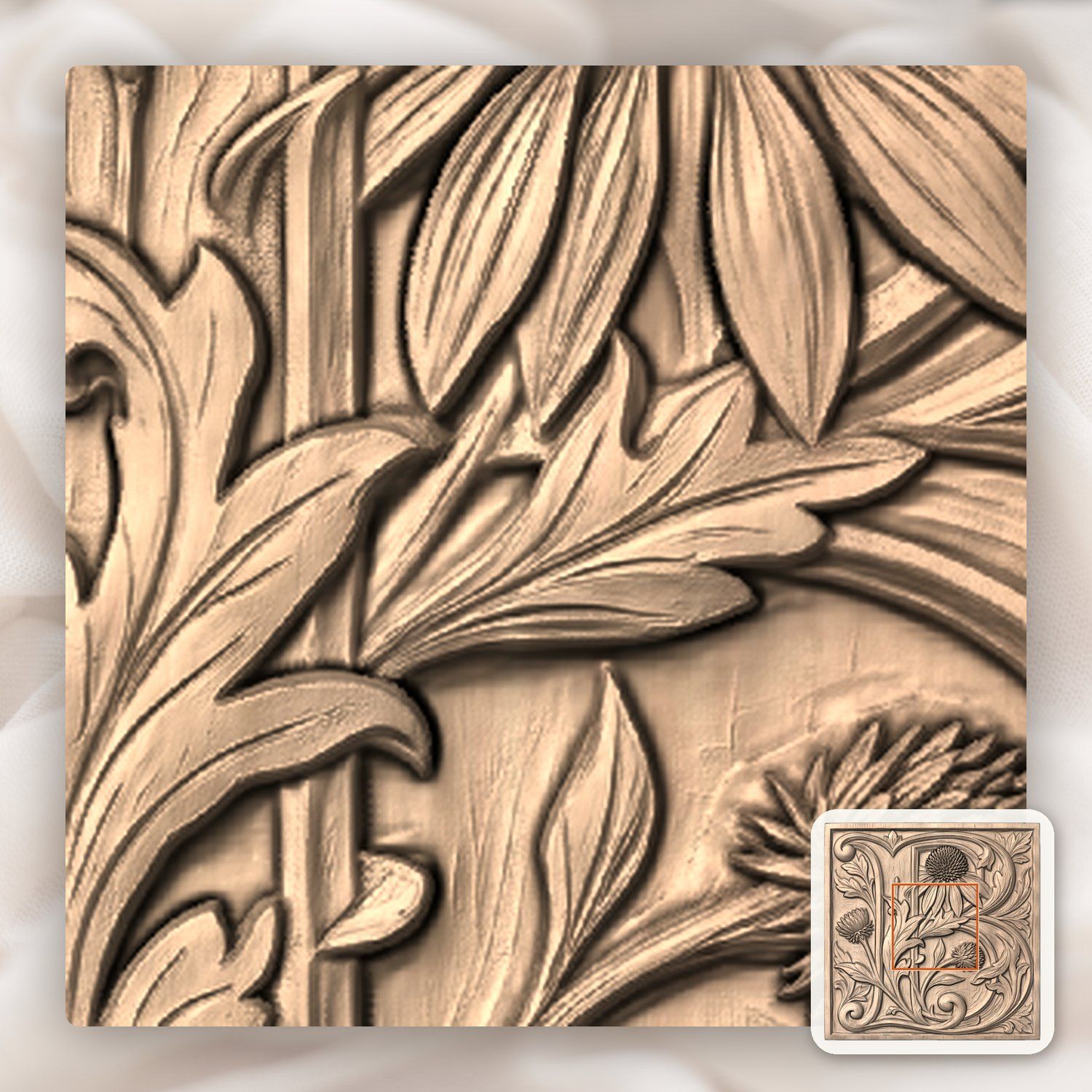 Ornate Letter B Botanical Thistle Monogram CNC Relief STL bas-relief STL — view 5