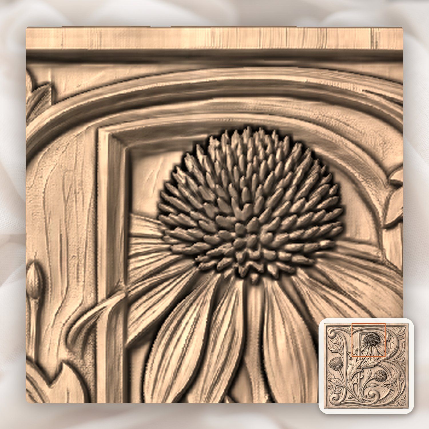Ornate Letter B Botanical Thistle Monogram CNC Relief STL bas-relief STL — view 6