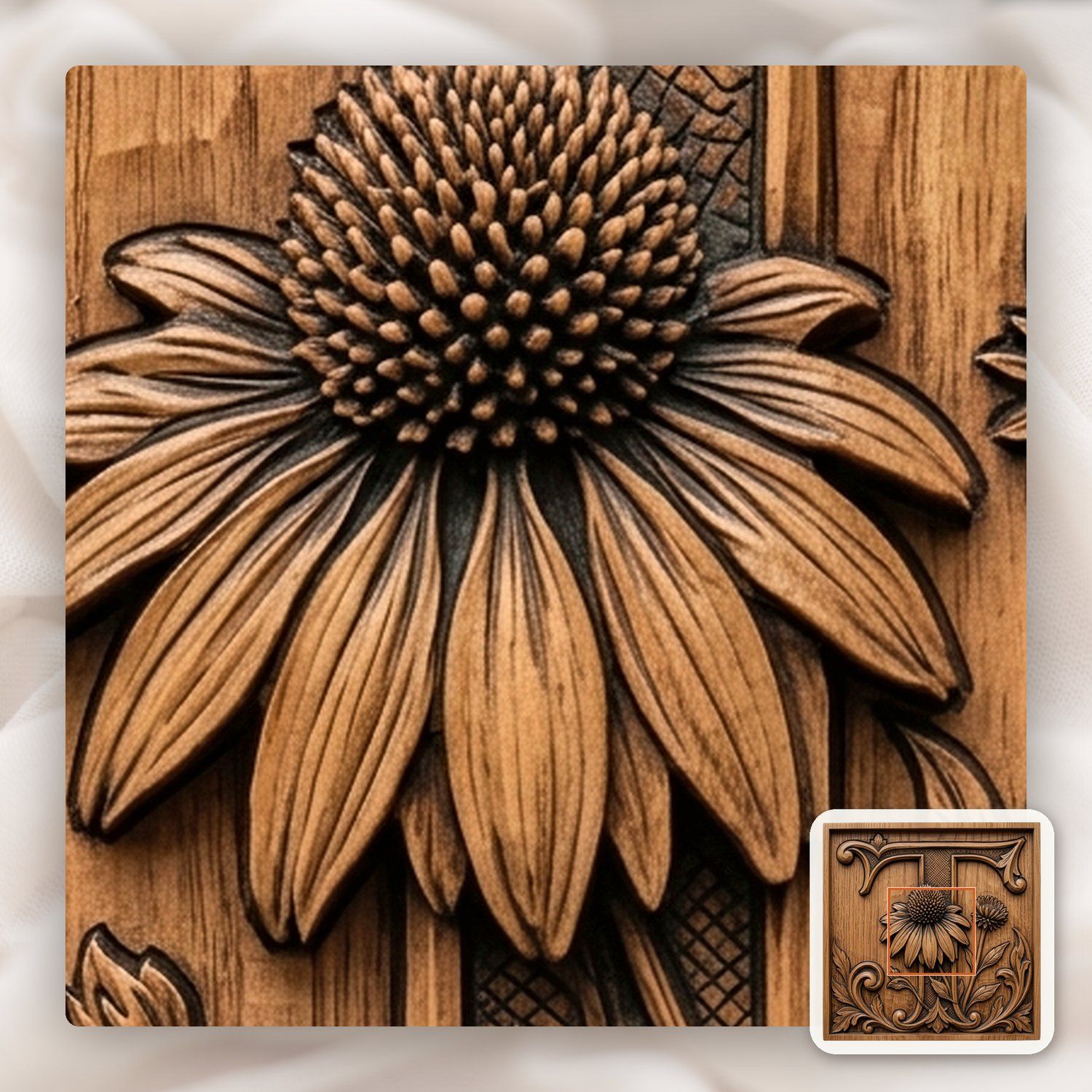 Ornate Letter T Echinacea Flower Monogram CNC Relief STL bas-relief STL — view 9