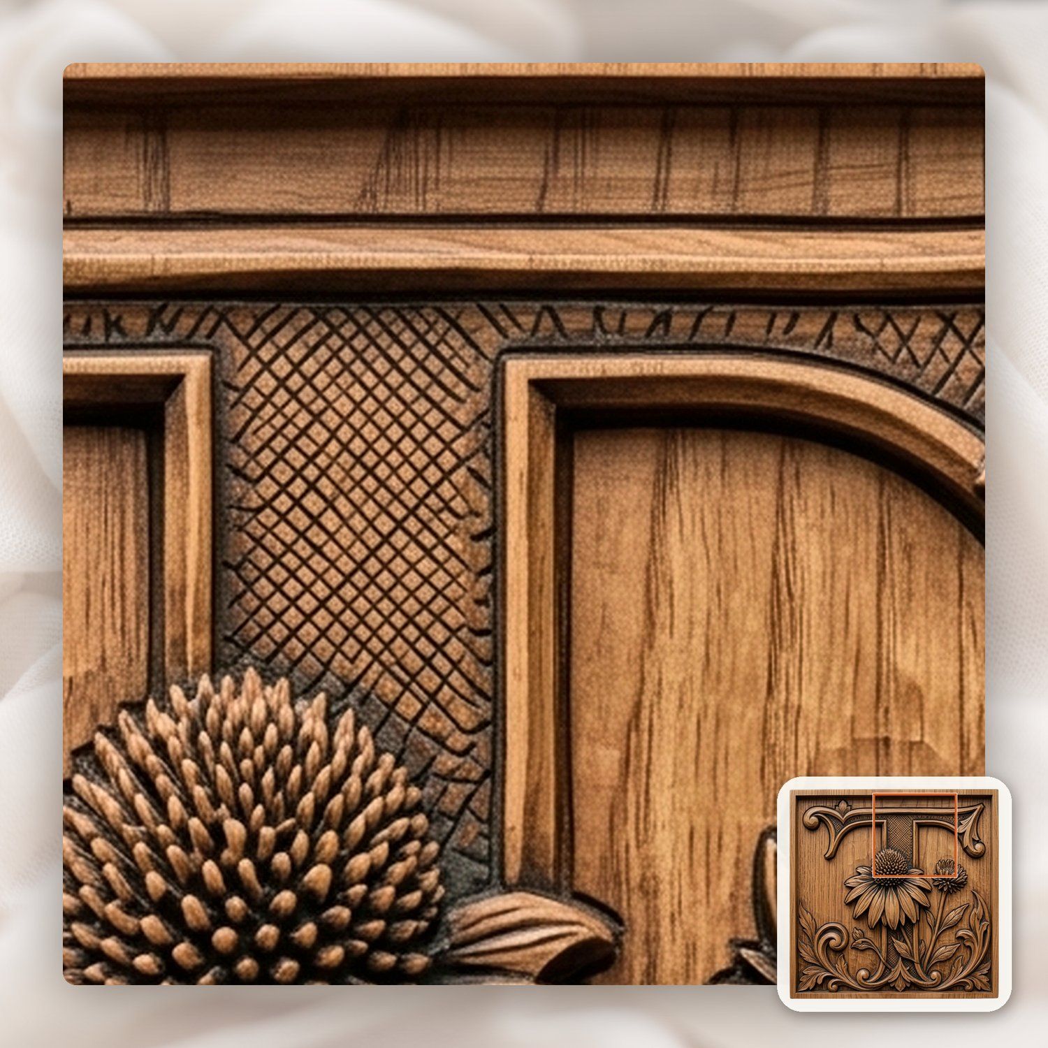 Ornate Letter T Echinacea Flower Monogram CNC Relief STL bas-relief STL — view 10