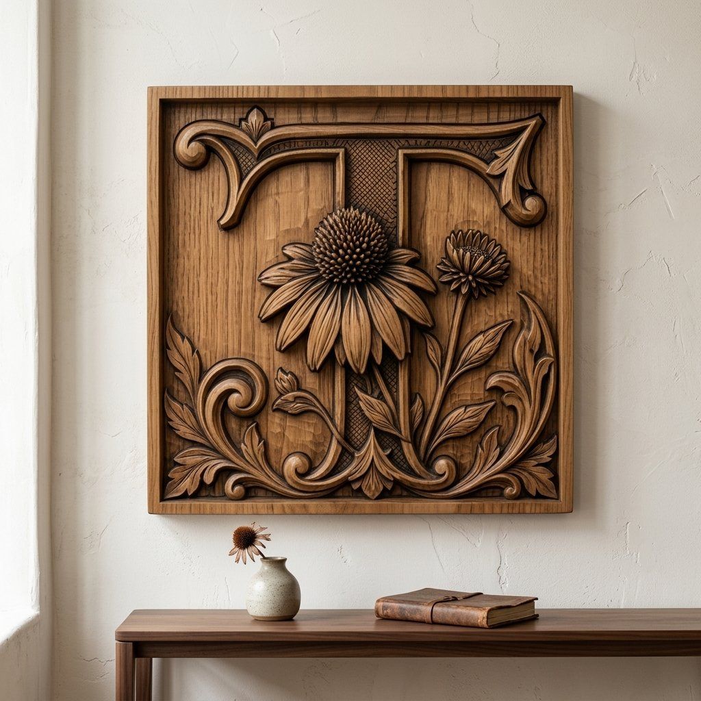 Ornate Letter T Echinacea Flower Monogram CNC Relief STL bas-relief STL — view 12