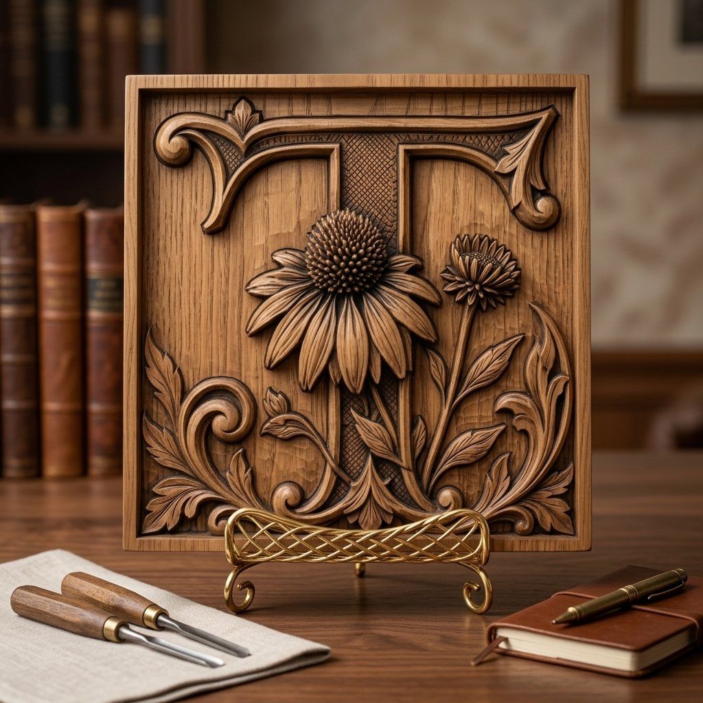 Ornate Letter T Echinacea Flower Monogram CNC Relief STL bas-relief STL — view 13