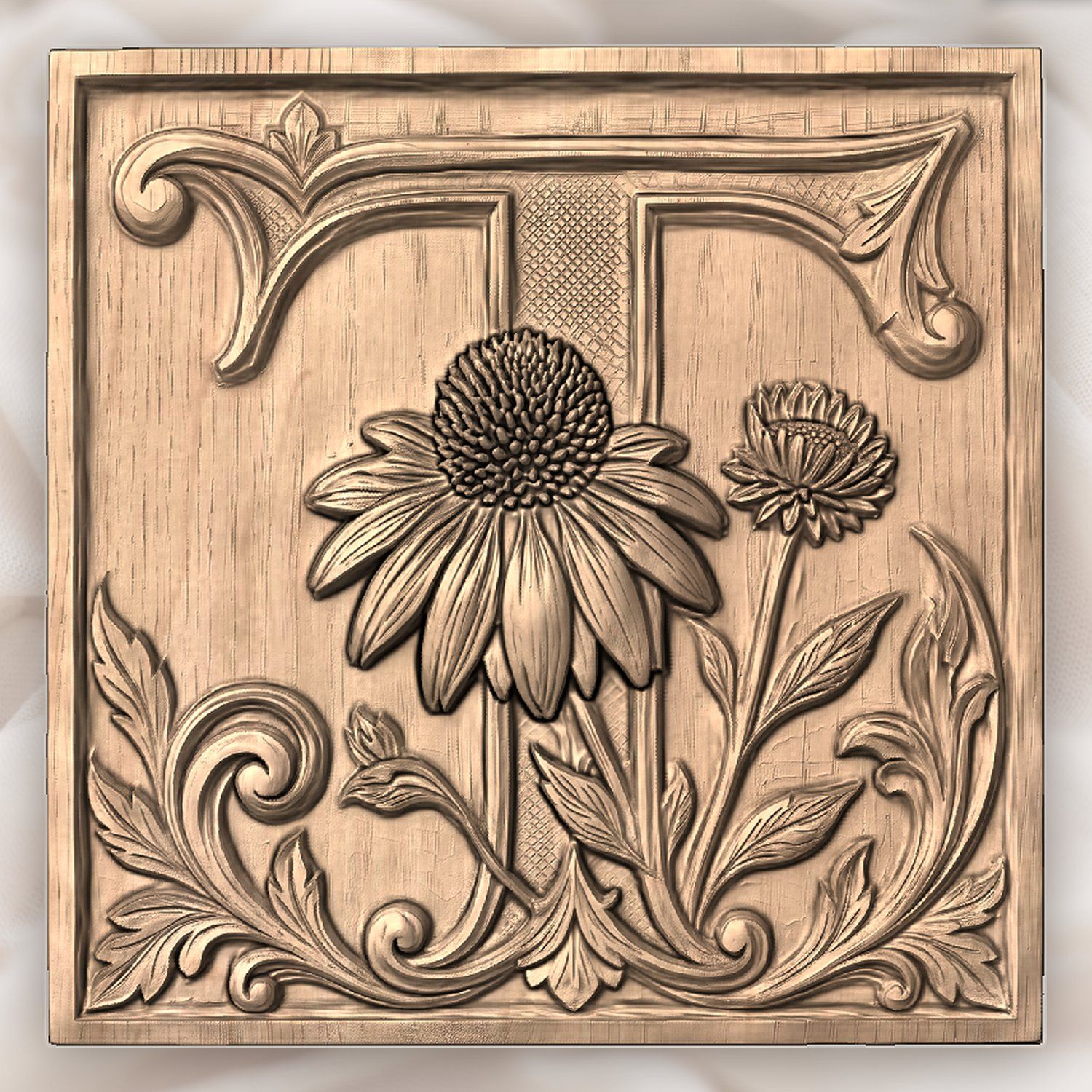 Ornate Letter T Echinacea Flower Monogram CNC Relief STL bas-relief STL — view 2