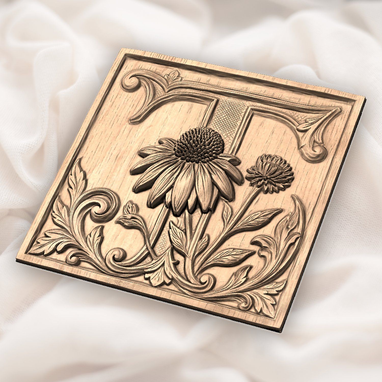 Ornate Letter T Echinacea Flower Monogram CNC Relief STL bas-relief STL — view 3