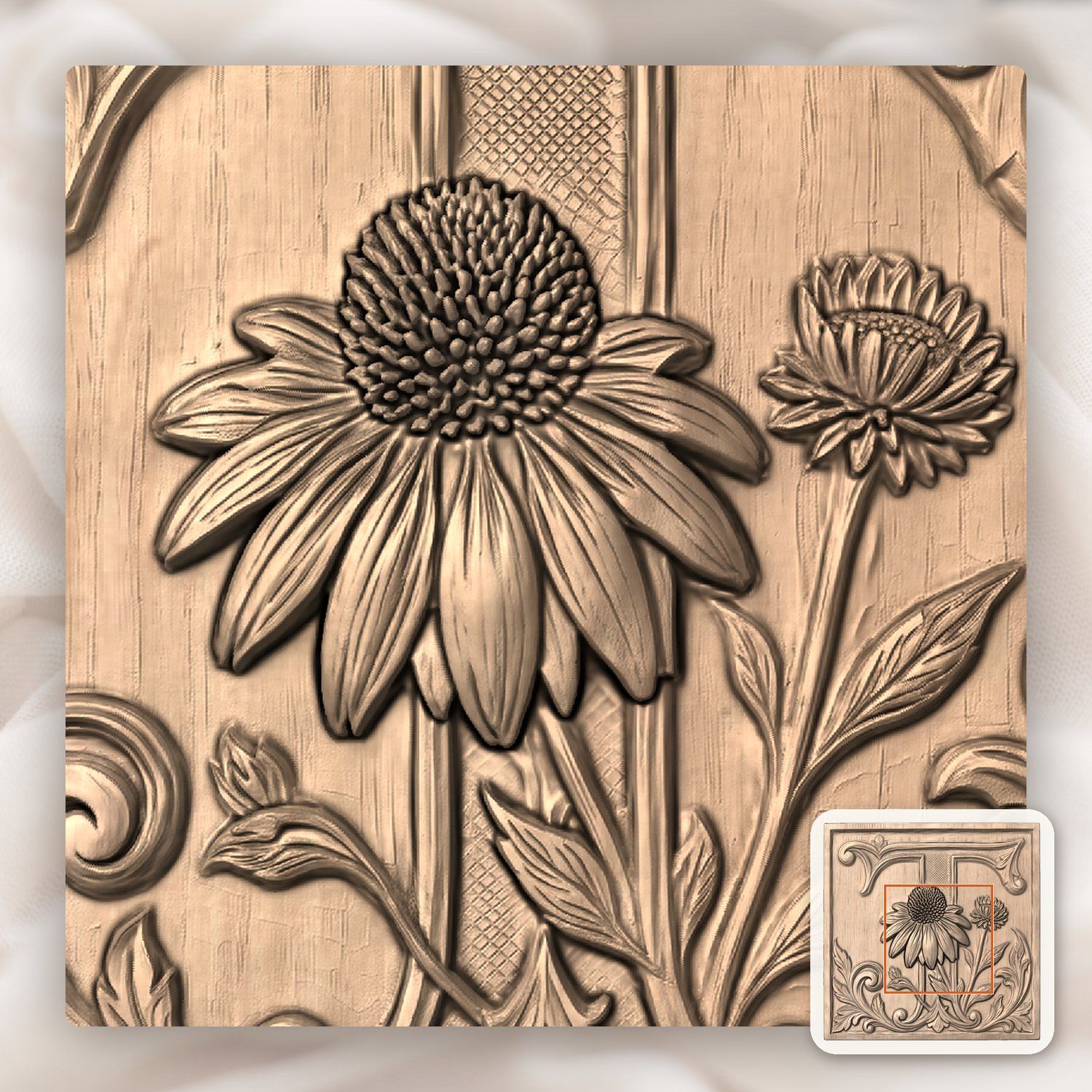 Ornate Letter T Echinacea Flower Monogram CNC Relief STL bas-relief STL — view 4