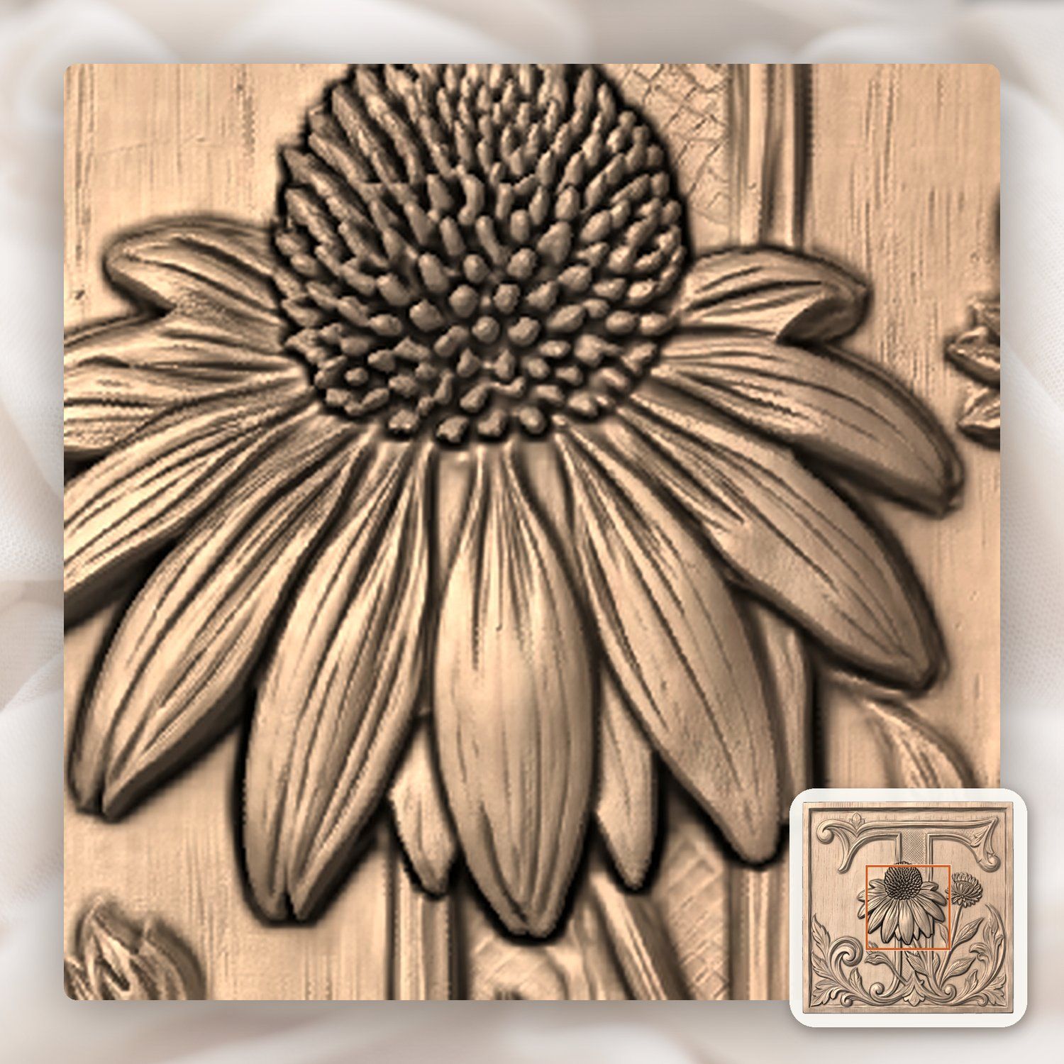 Ornate Letter T Echinacea Flower Monogram CNC Relief STL bas-relief STL — view 5