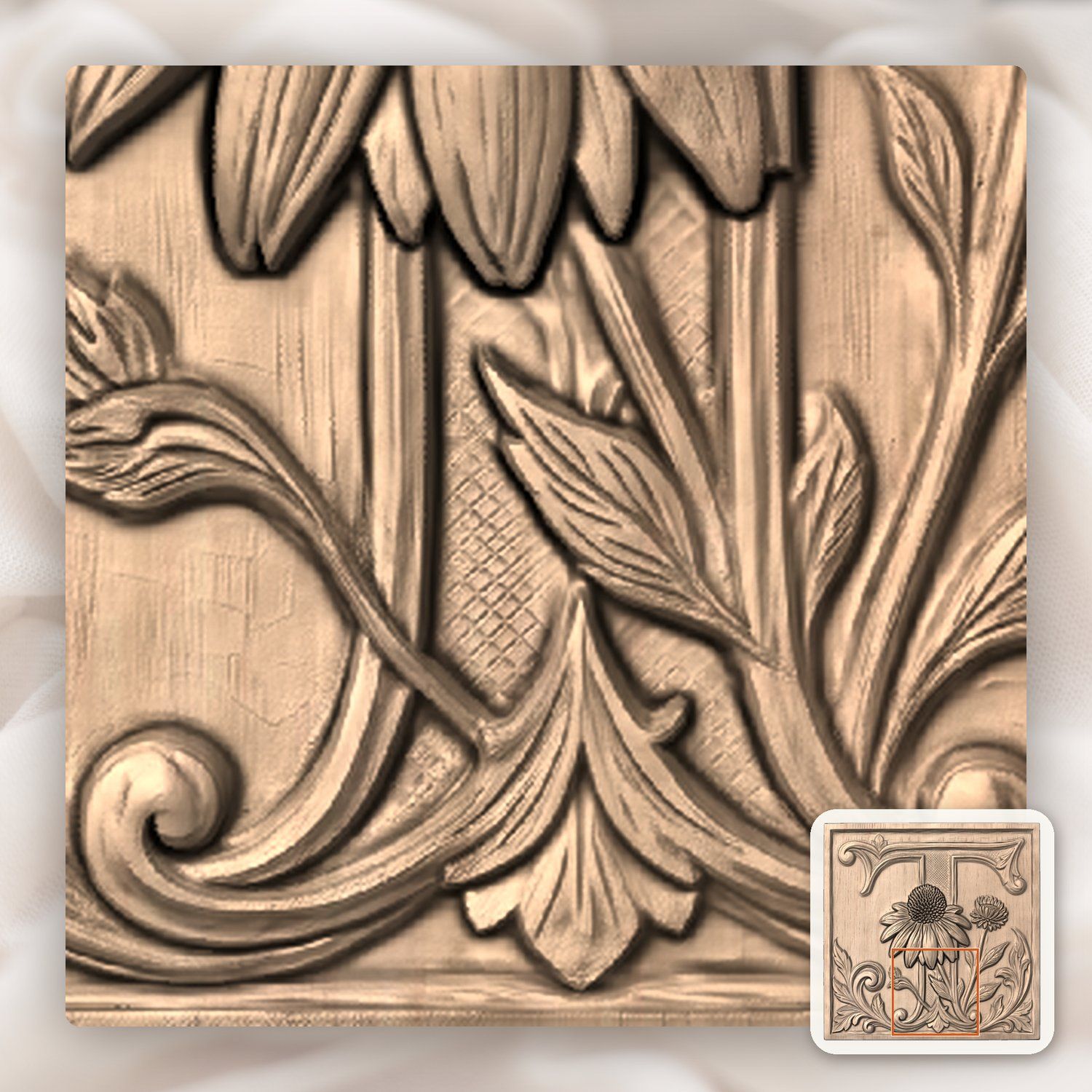 Ornate Letter T Echinacea Flower Monogram CNC Relief STL bas-relief STL — view 6