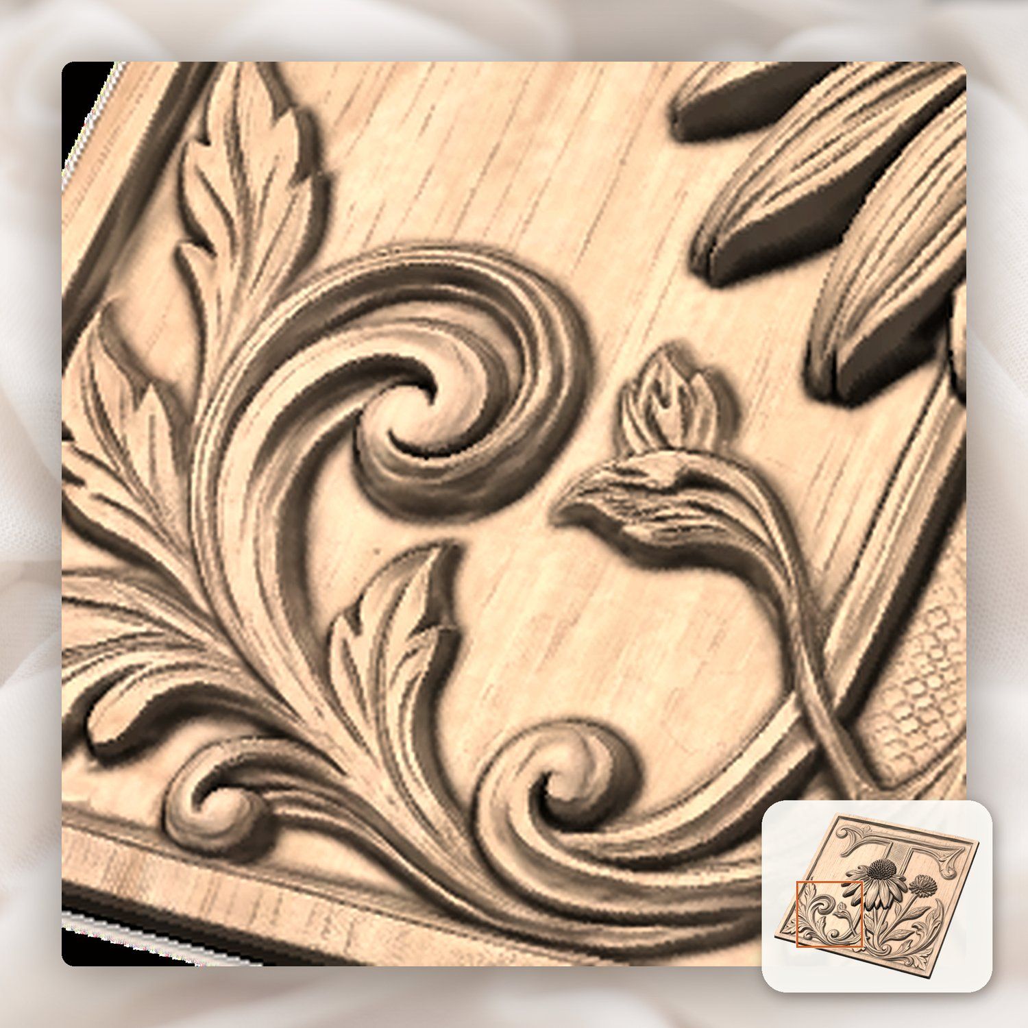 Ornate Letter T Echinacea Flower Monogram CNC Relief STL bas-relief STL — view 8