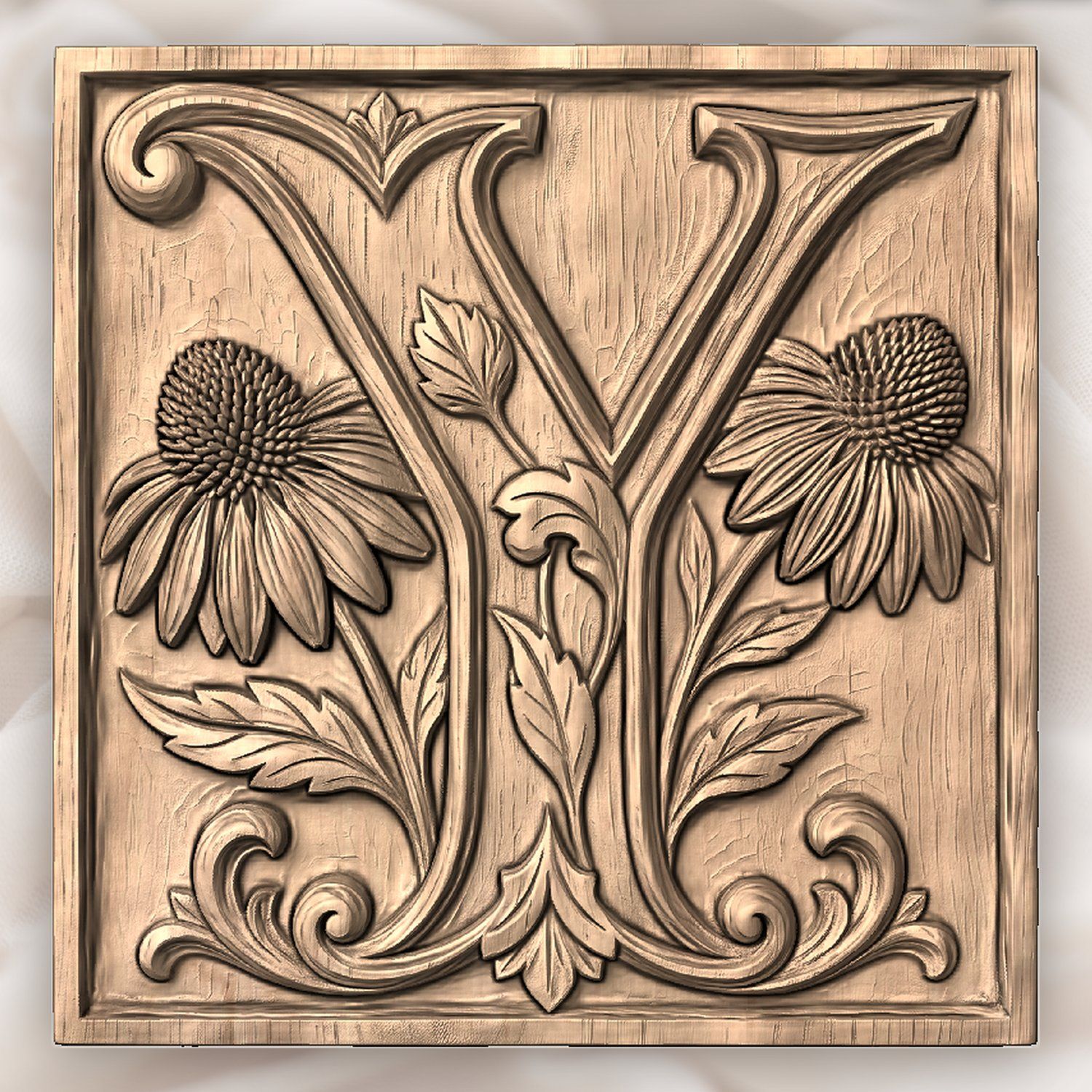 Ornate Letter Y Echinacea Flower CNC Relief STL bas-relief STL — view 3