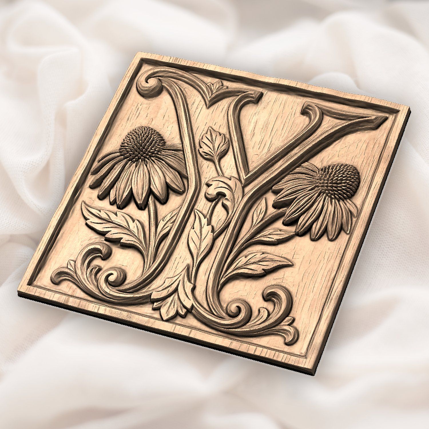 Ornate Letter Y Echinacea Flower CNC Relief STL bas-relief STL — view 4