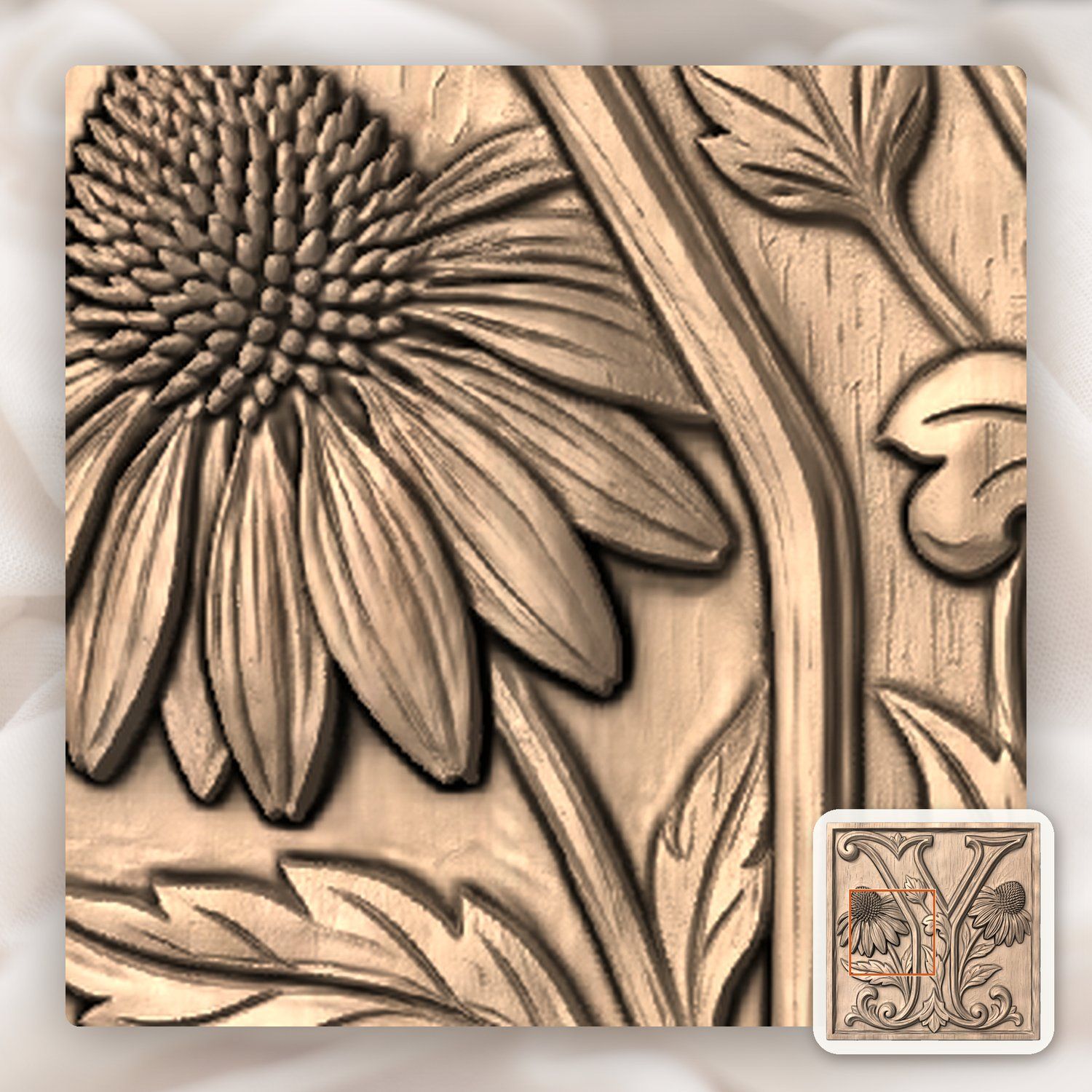 Ornate Letter Y Echinacea Flower CNC Relief STL bas-relief STL — view 7