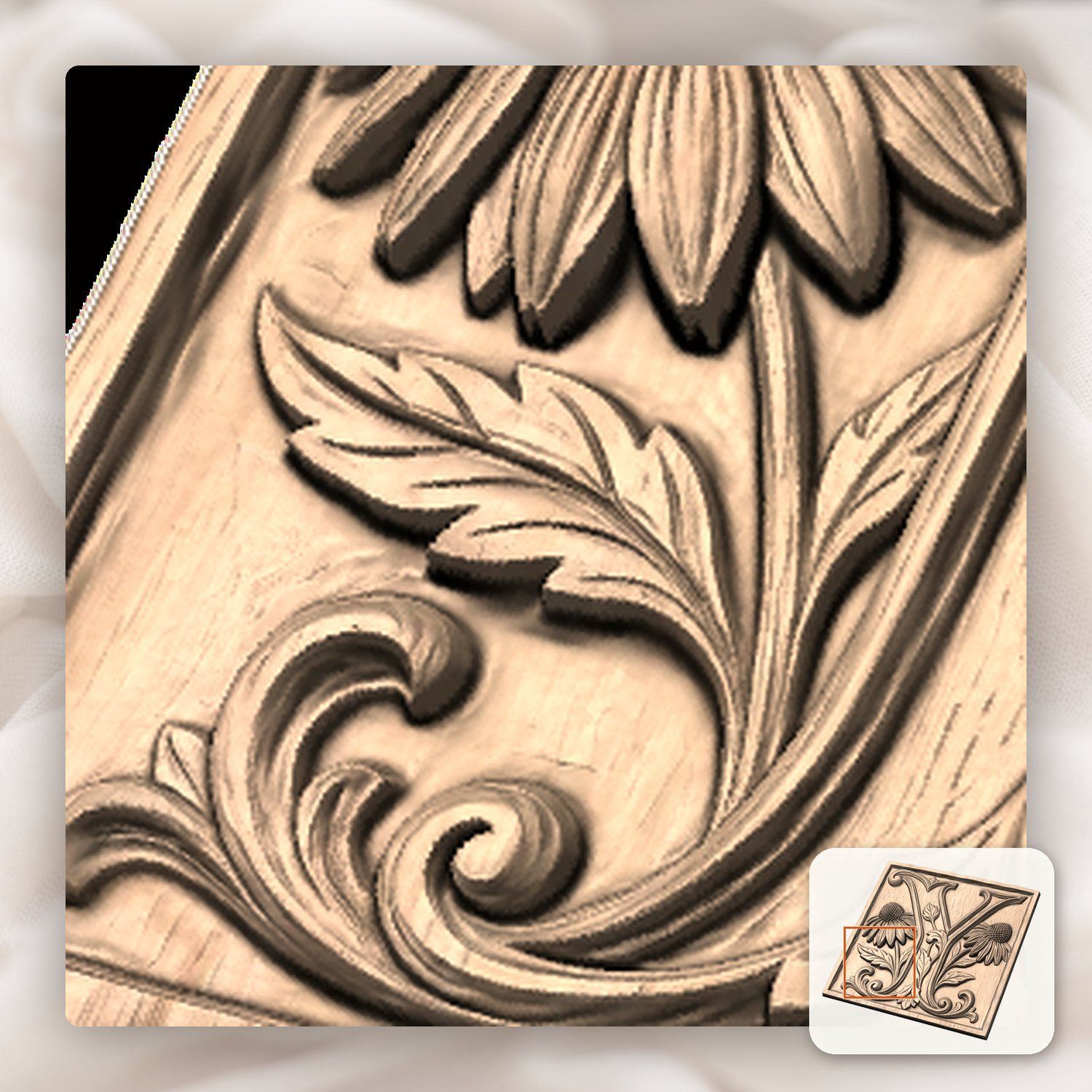 Ornate Letter Y Echinacea Flower CNC Relief STL bas-relief STL — view 9