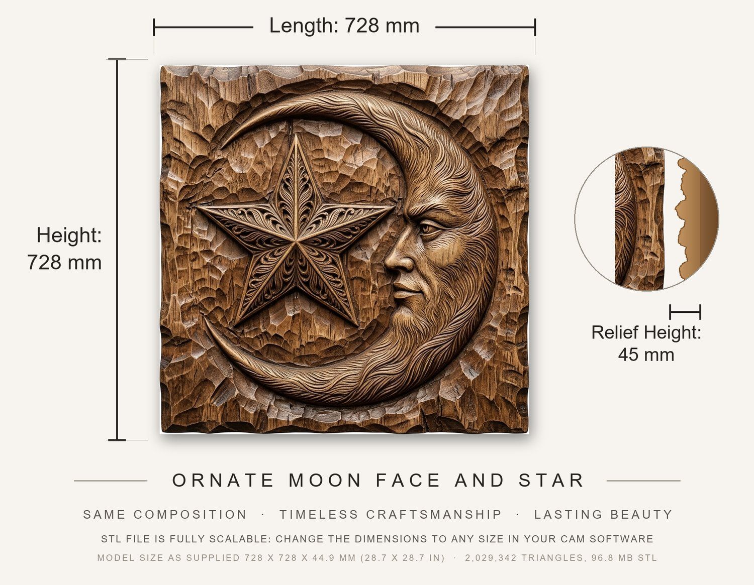 Ornate Moon Face and Star CNC Relief STL bas-relief STL — view 3