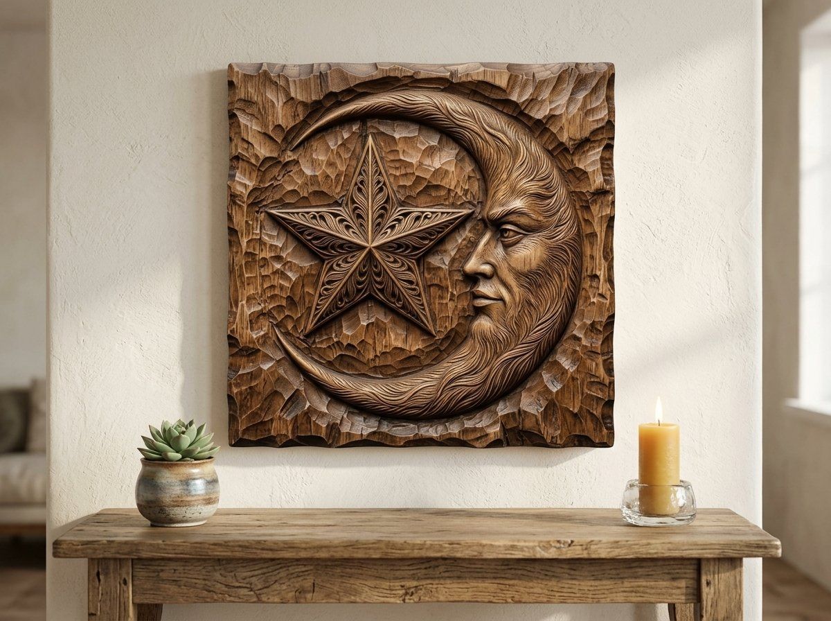Ornate Moon Face and Star CNC Relief STL bas-relief STL — view 12