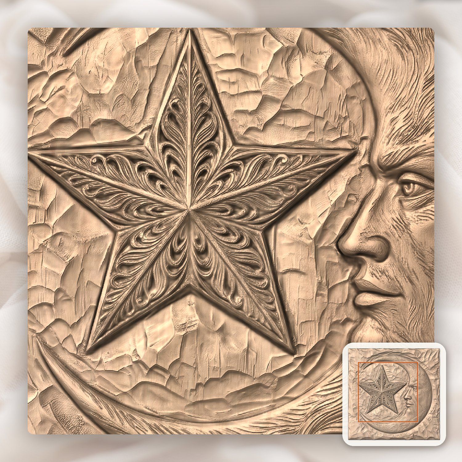 Ornate Moon Face and Star CNC Relief STL bas-relief STL — view 6