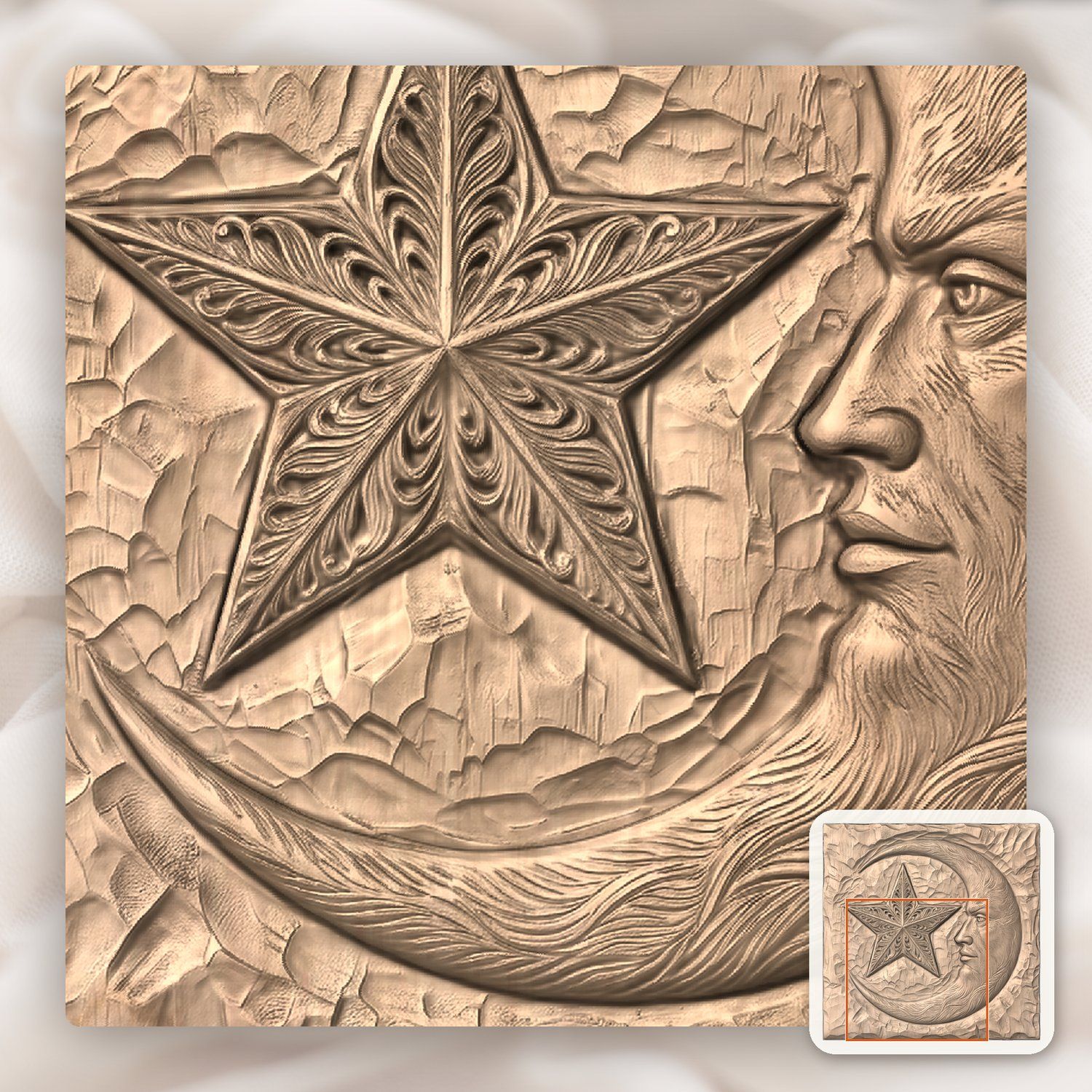 Ornate Moon Face and Star CNC Relief STL bas-relief STL — view 7
