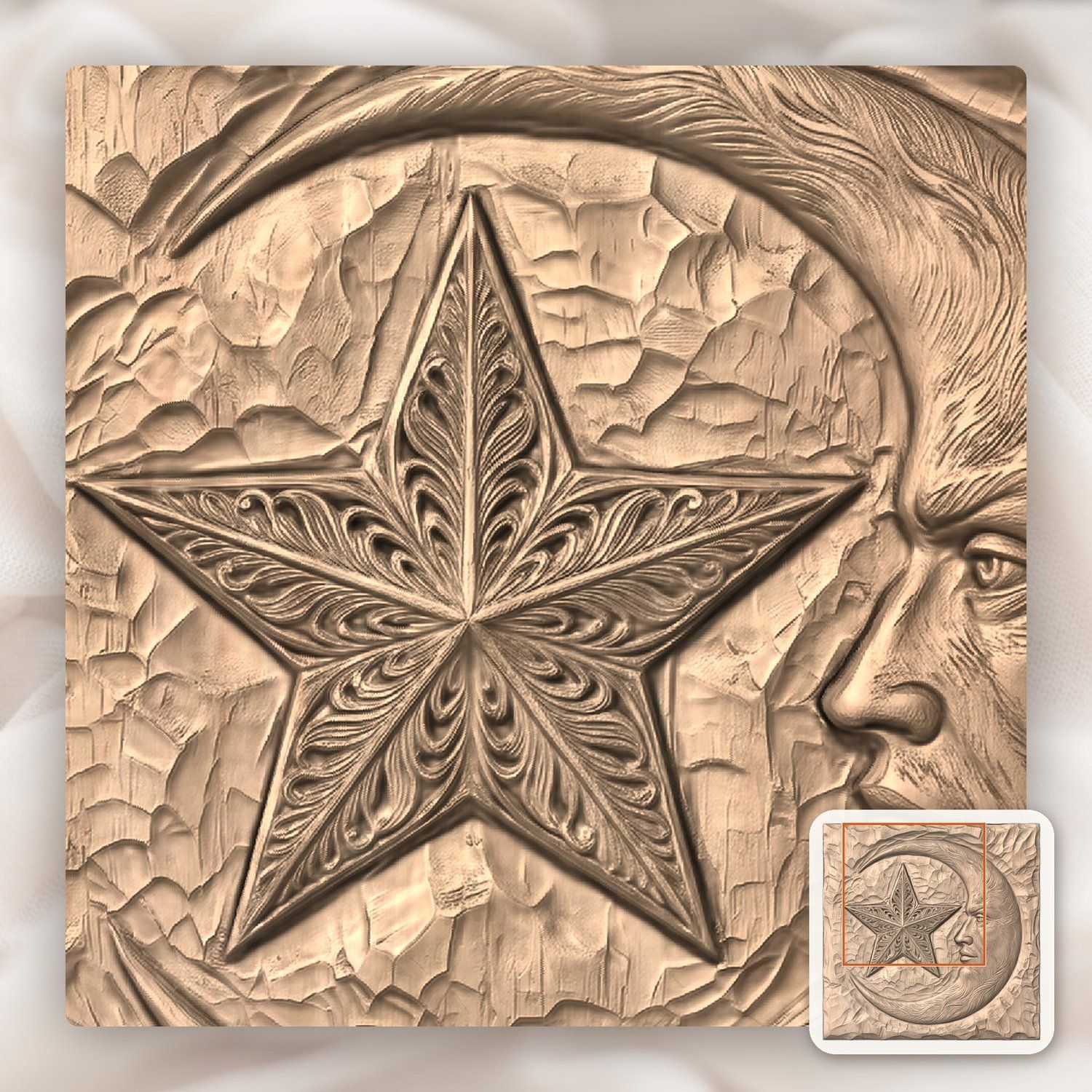 Ornate Moon Face and Star CNC Relief STL bas-relief STL — view 8