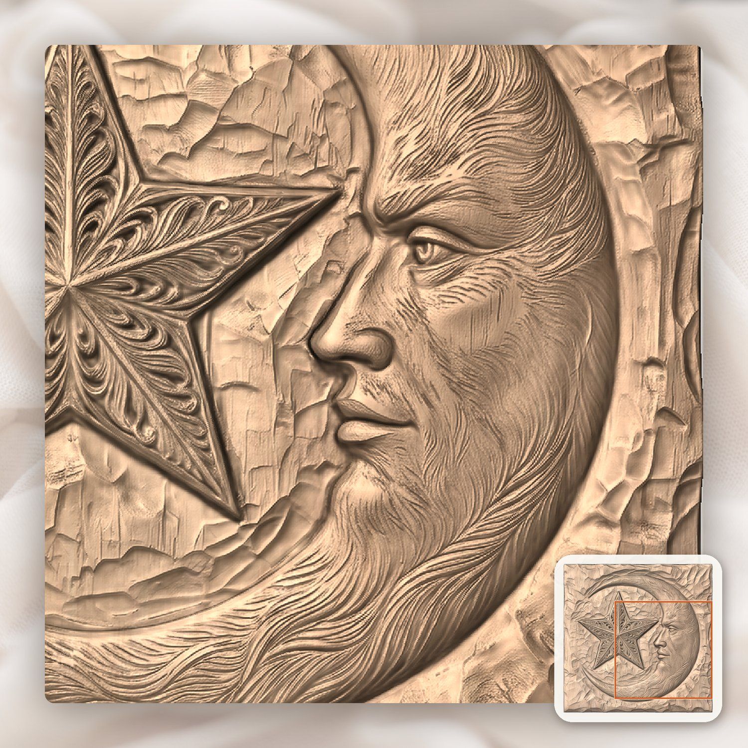 Ornate Moon Face and Star CNC Relief STL bas-relief STL — view 9