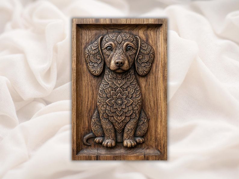 Bas-relief wood carving of a sitting dachshund puppy covered in ornate mandala and floral patterns in a frame.