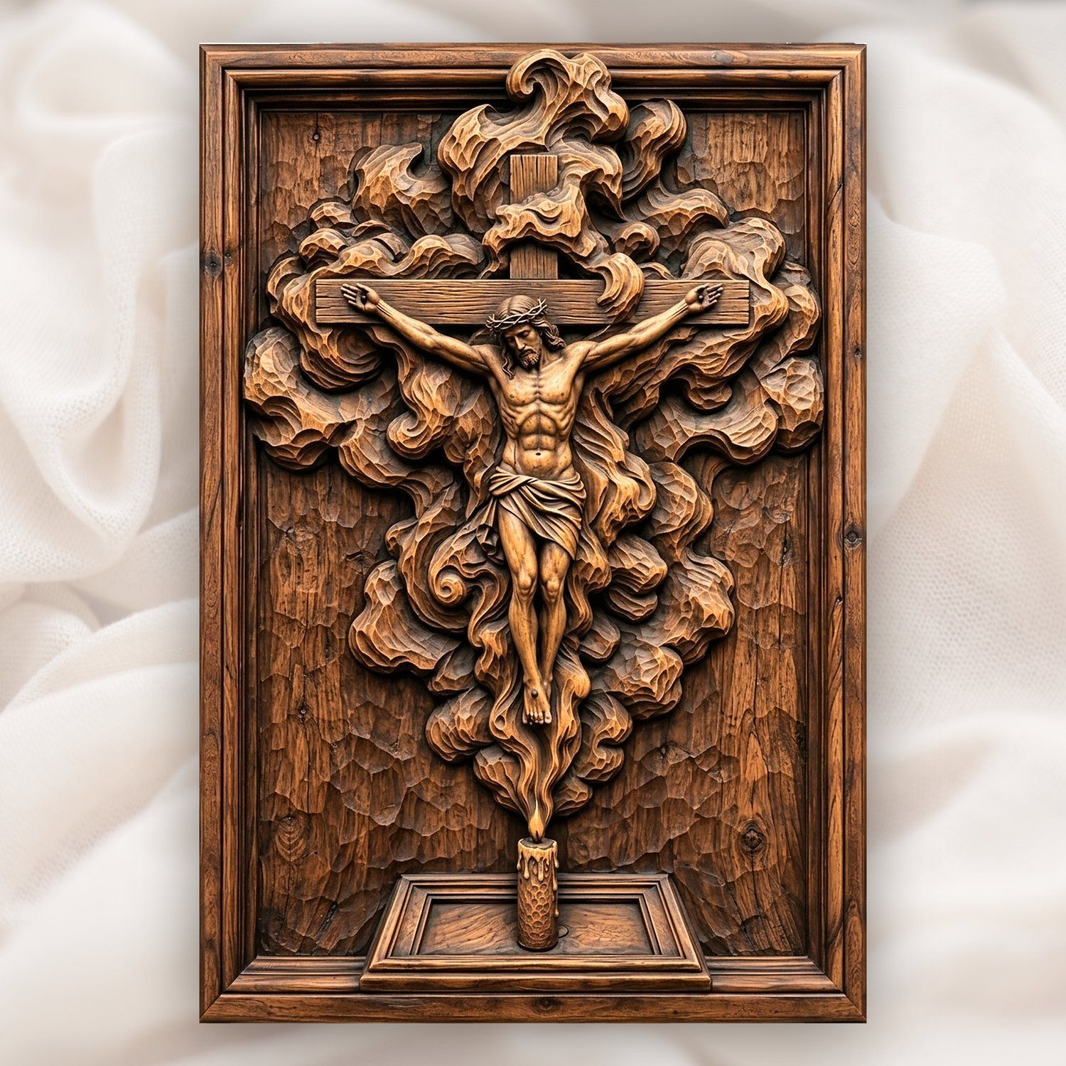 Ornate Walnut Crucifix Jesus Cross CNC Relief STL | Religious Wall Art Panel | Catholic Church Home Decor — carved bas relief STL file for CNC
