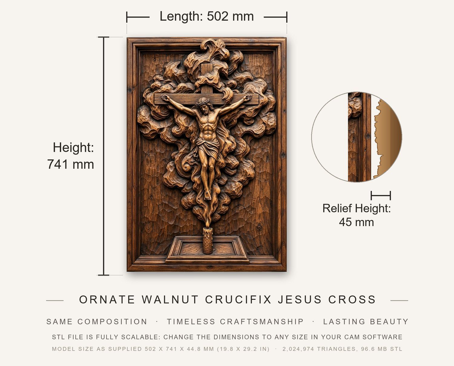 Ornate Walnut Crucifix Jesus Cross CNC Relief STL bas-relief STL — view 3