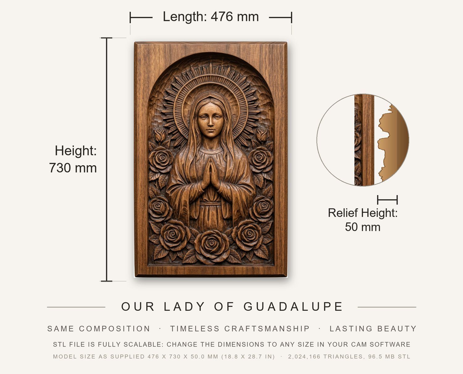 Our Lady of Guadalupe CNC Relief STL bas-relief STL — view 3