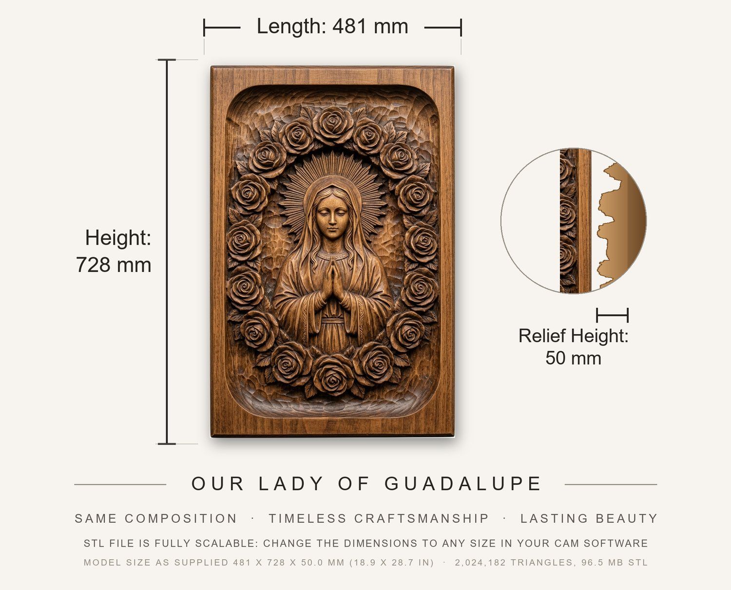 Our Lady of Guadalupe CNC Relief STL bas-relief STL — view 3