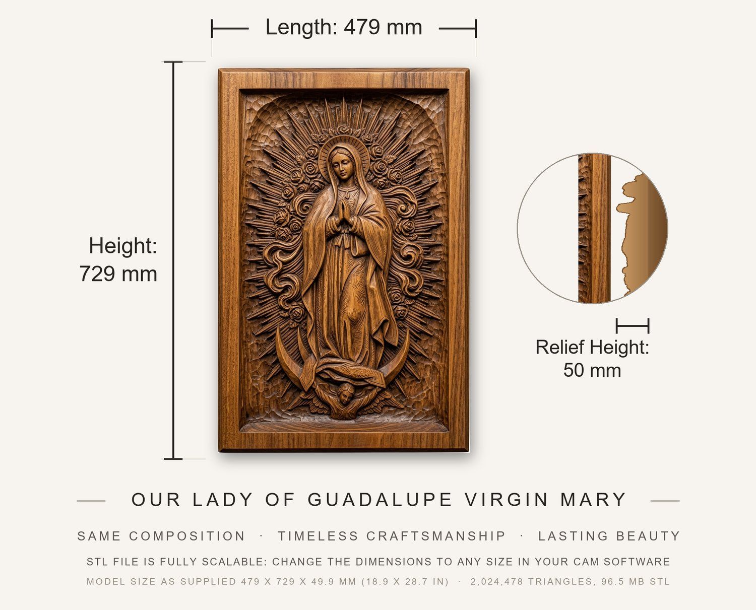 Our Lady of Guadalupe Virgin Mary CNC Relief STL bas-relief STL — view 3