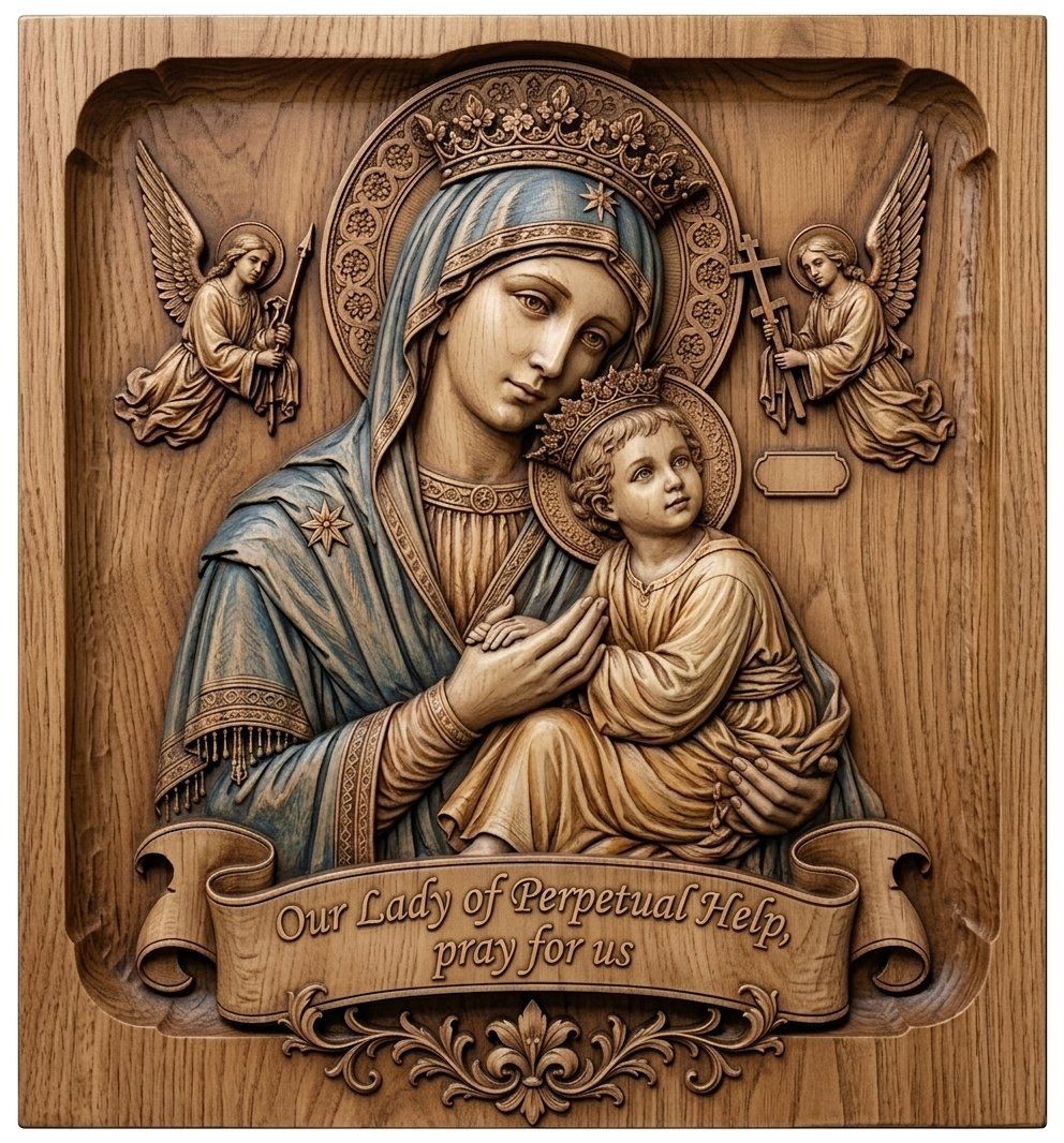Our Lady of Perpetual Help Catholic CNC Relief STL | Blessed Virgin Mary Wood Carving Design | Religious Wall Art Decor | Christian Panel — carved bas relief STL file for CNC