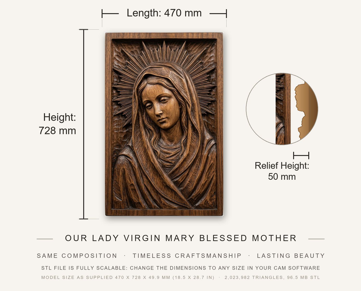 Our Lady Virgin Mary Blessed Mother CNC Relief STL bas-relief STL — view 3