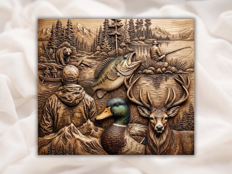 Bas-relief wood carving collage of a buck, mallard duck, jumping bass, bear, anglers, pines and mountains.