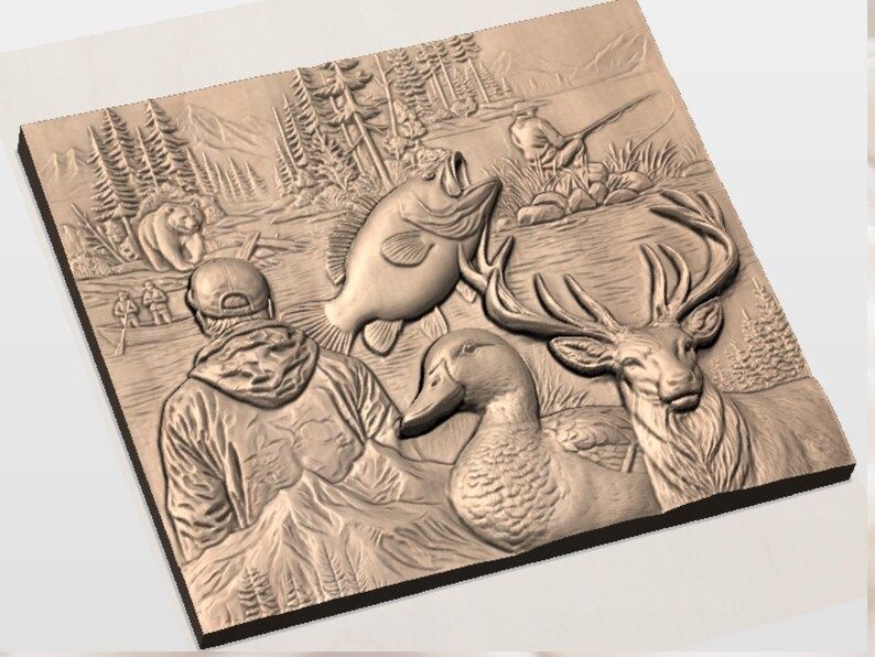 Wilderness Hunting Collage Bas-Relief STL: Deer, Duck, Bass, Bear bas-relief STL — view 3