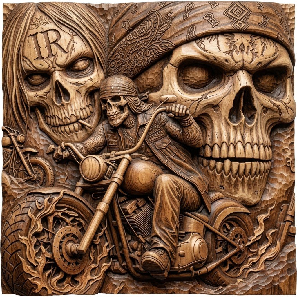 Outlaw Biker Skull Chopper Motorcycle CNC Relief STL | Badass Man Cave Wall Art Panel | Biker Club Wood Carving Design — carved bas relief STL file for CNC