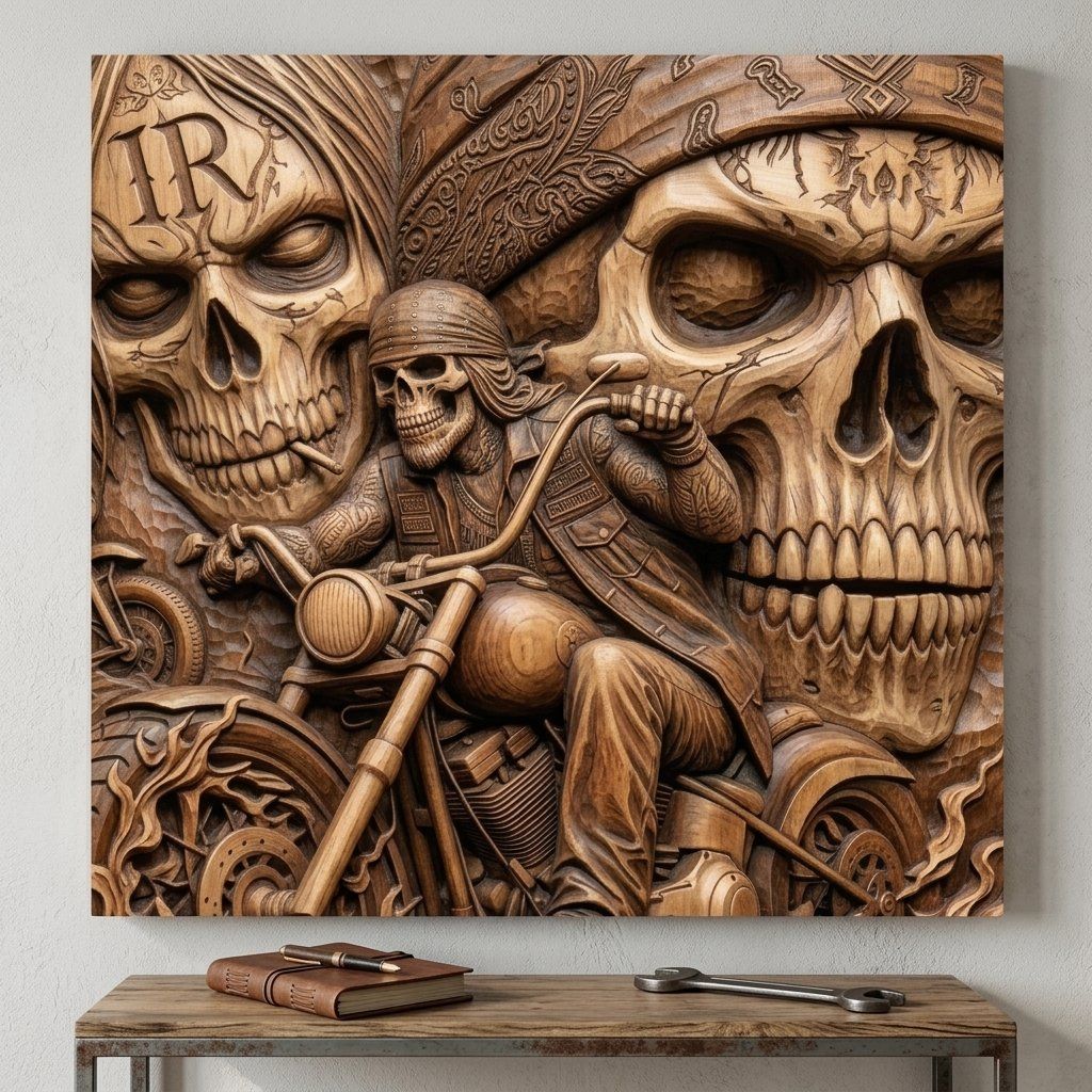 Outlaw Biker Skull Chopper Motorcycle CNC Relief STL bas-relief STL — view 5