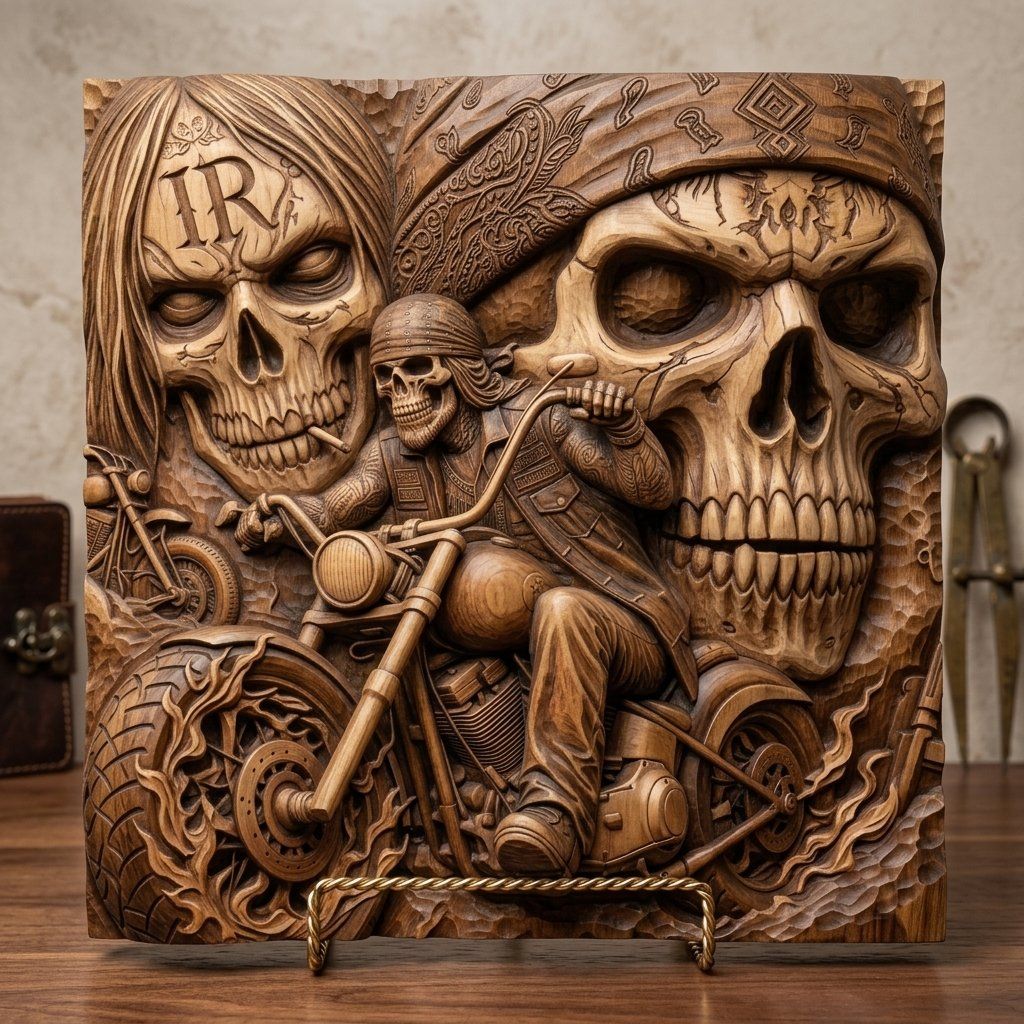Outlaw Biker Skull Chopper Motorcycle CNC Relief STL bas-relief STL — view 6