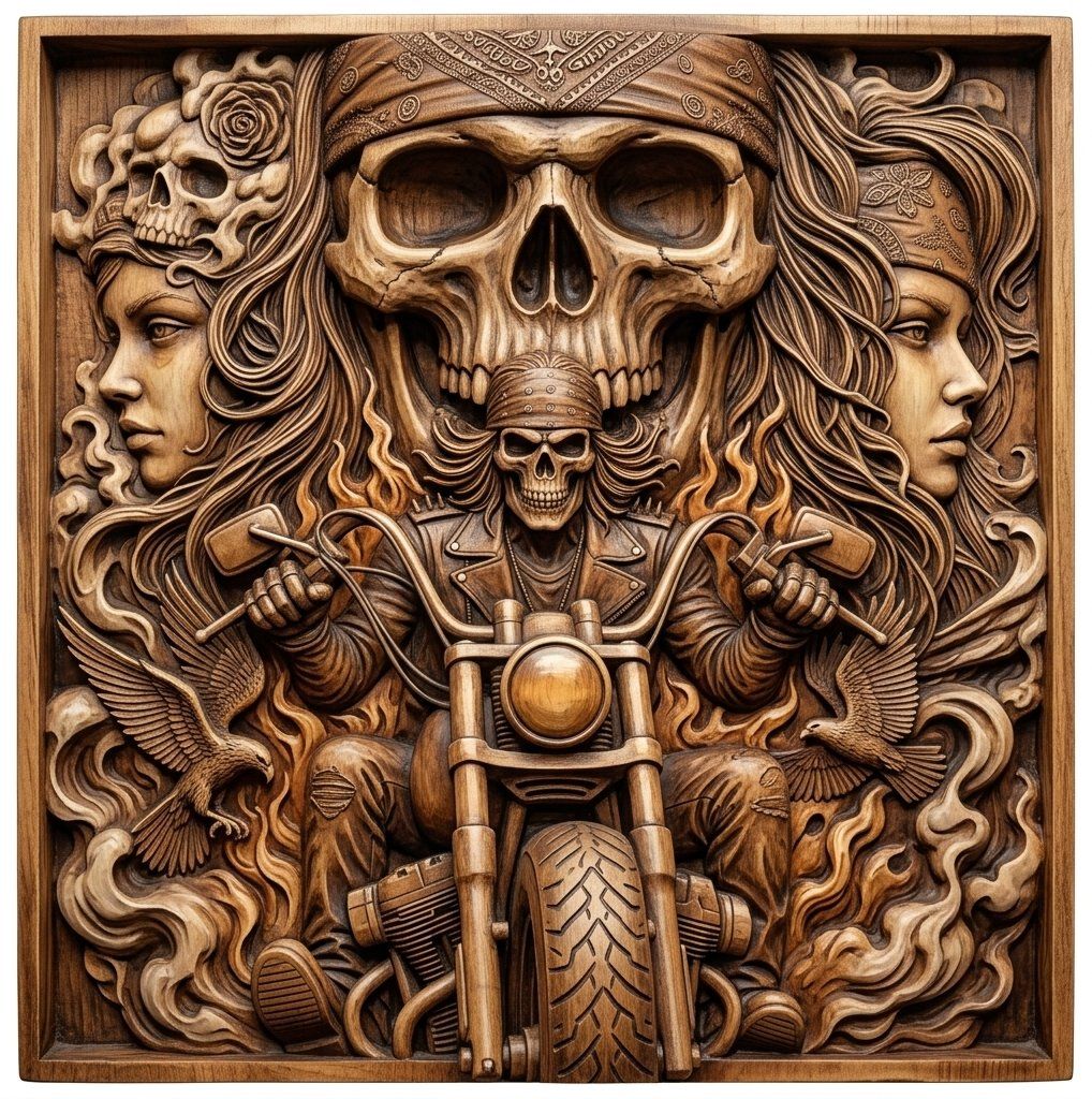 Outlaw Biker Skull & Flames CNC Relief STL | Motorcycle Wall Art Design | Rebel Eagle Woodworking Panel | Man Cave Decor — carved bas relief STL file for CNC