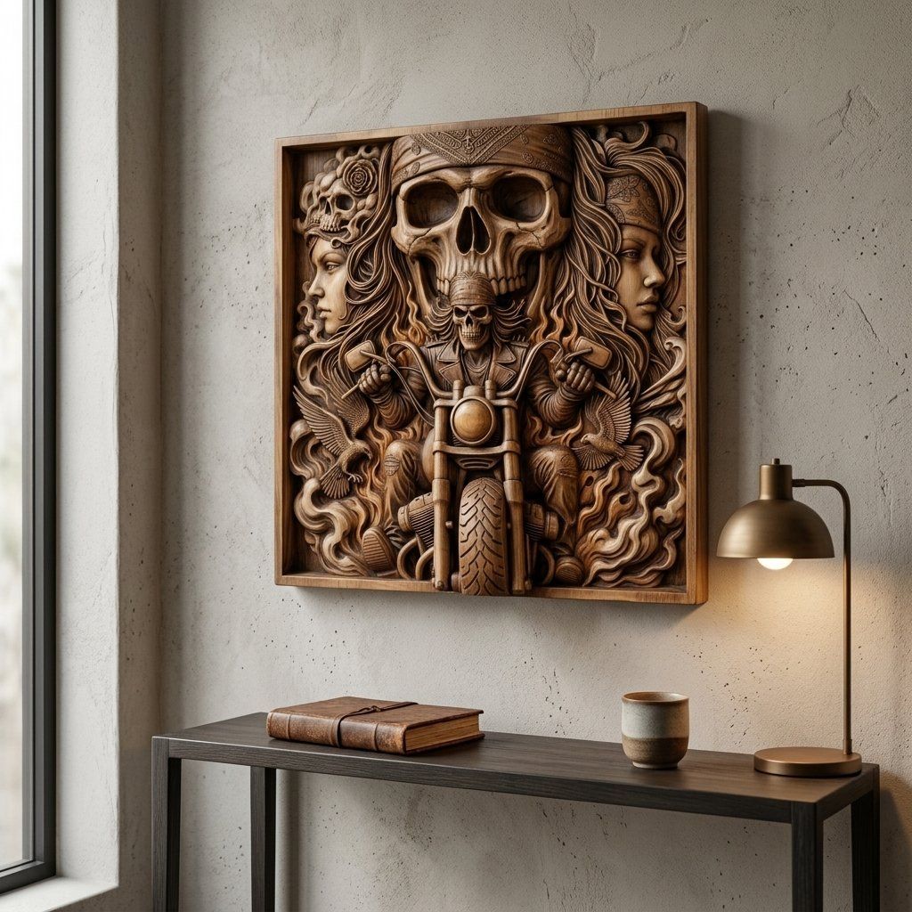 Outlaw Biker Skull & Flames CNC Relief STL bas-relief STL — view 6