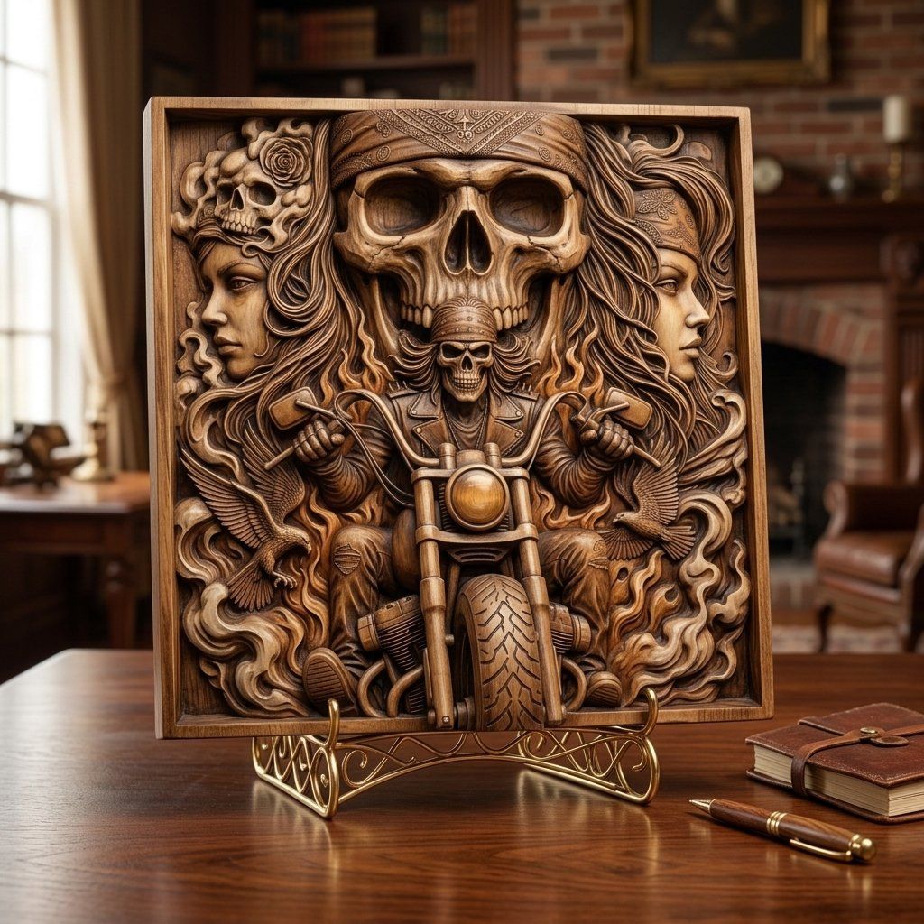 Outlaw Biker Skull & Flames CNC Relief STL bas-relief STL — view 7