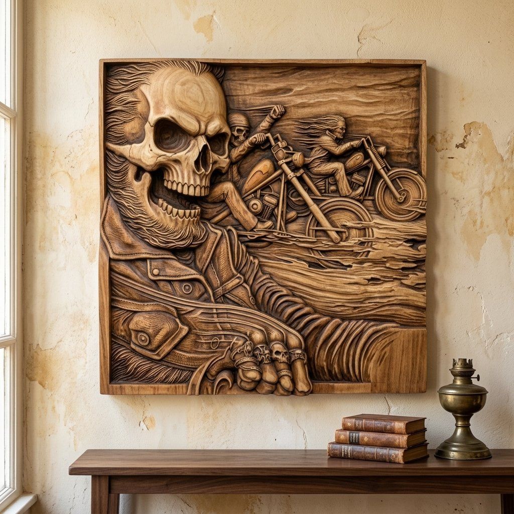 Outlaw Biker Skull Motorcycle CNC Relief STL bas-relief STL — view 6