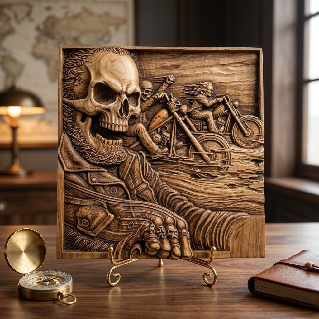Outlaw Biker Skull Motorcycle CNC Relief STL bas-relief STL — view 7