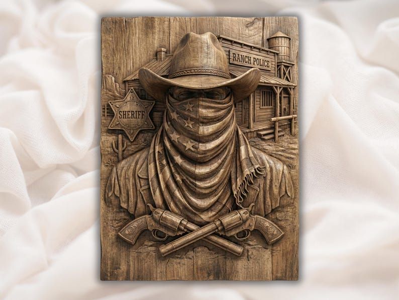 Carved wood relief of a masked cowboy with bandana, sheriff badge, and crossed revolvers outside a ranch office