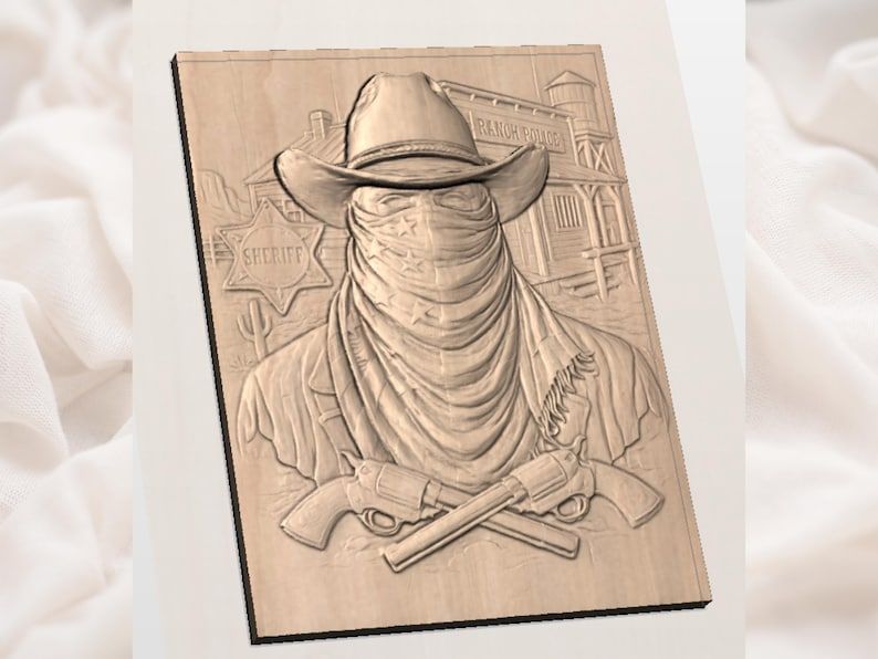 Masked Outlaw Sheriff with Crossed Revolvers Western Relief STL bas-relief STL — view 2